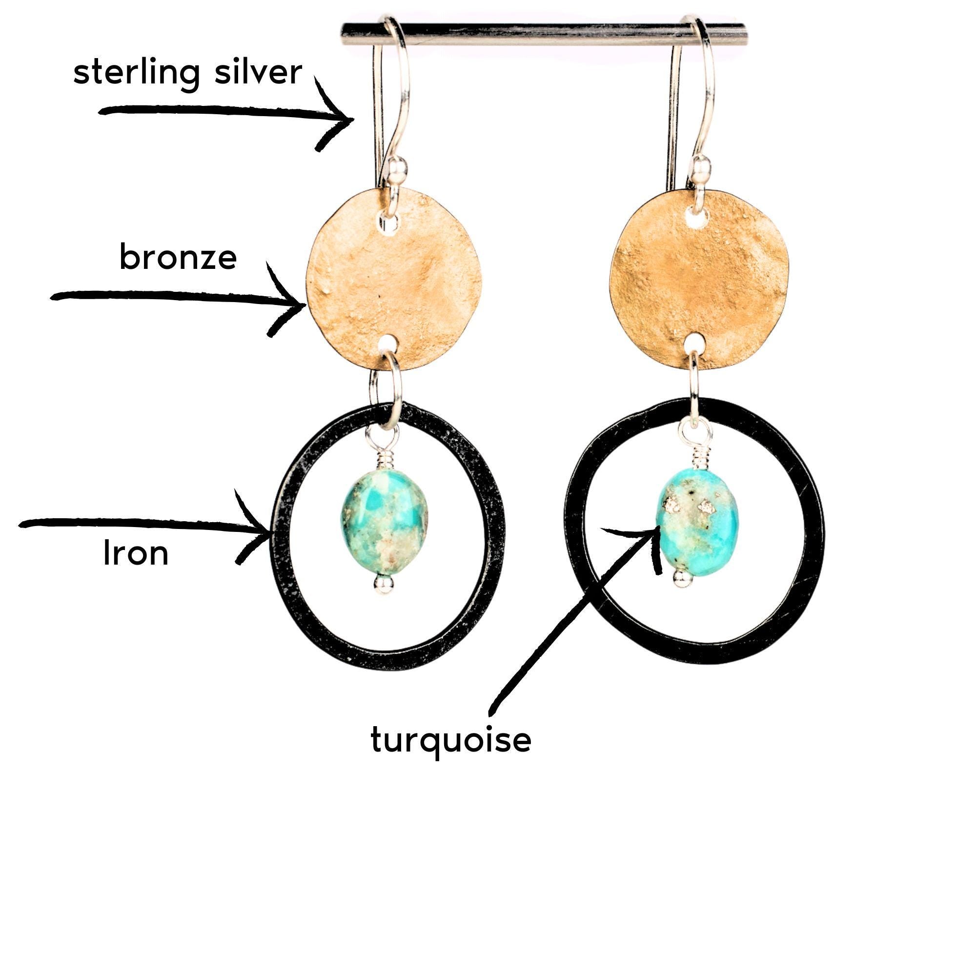 Handcrafted Turquoise Bronze Dangle Earrings: Artisan Forged Delicate Southwestern Boho Jewelry