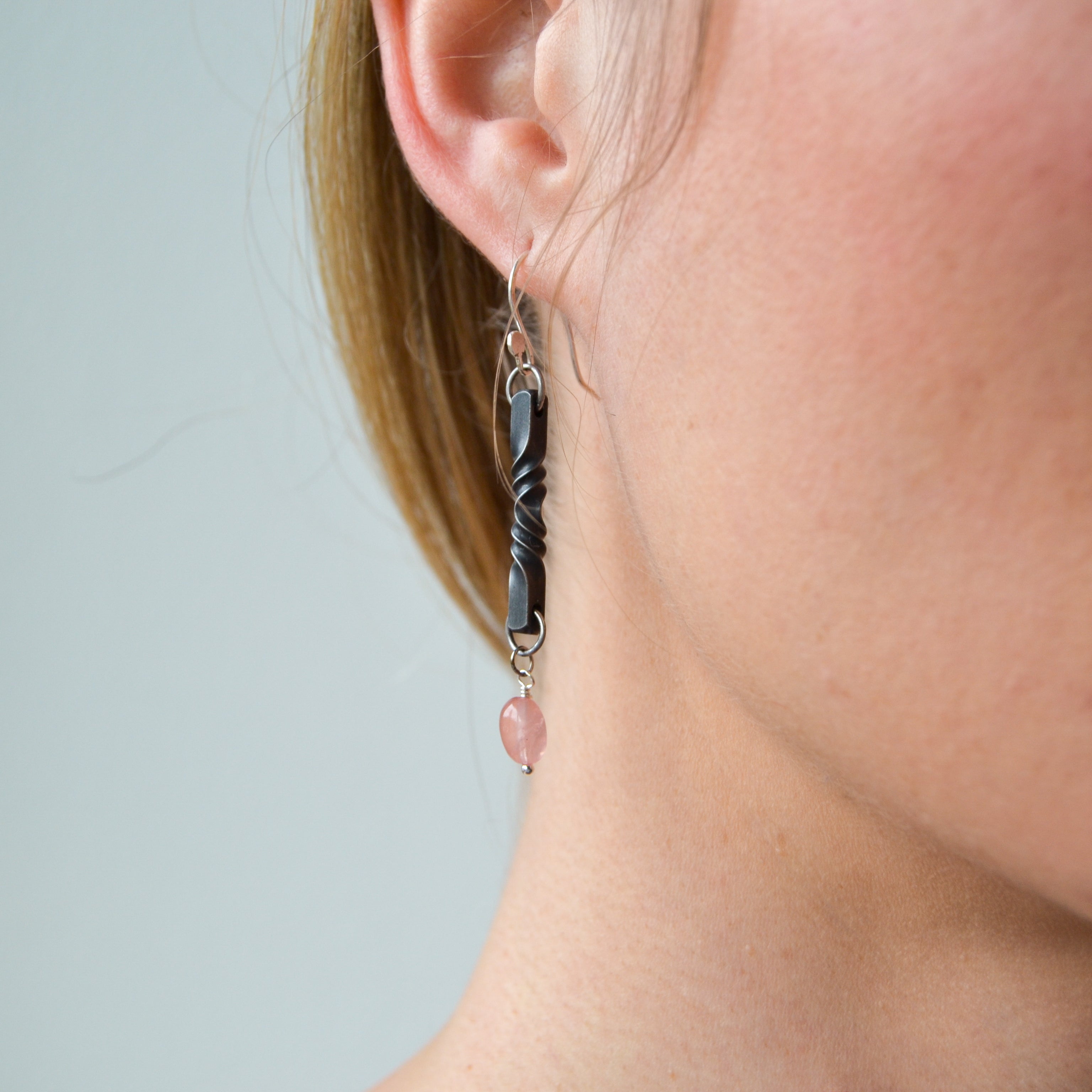 Iron Twist Rose Quartz Blossom Earrings