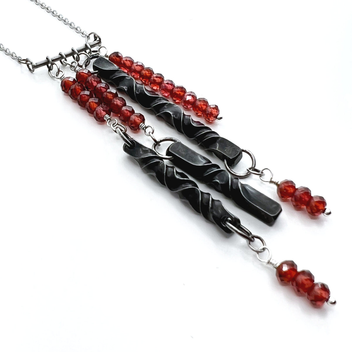 GARNET and iron bar necklace, 6th anniversary gift for wife, January birthstone jewelry, statement necklace by blacksmith, hand forged