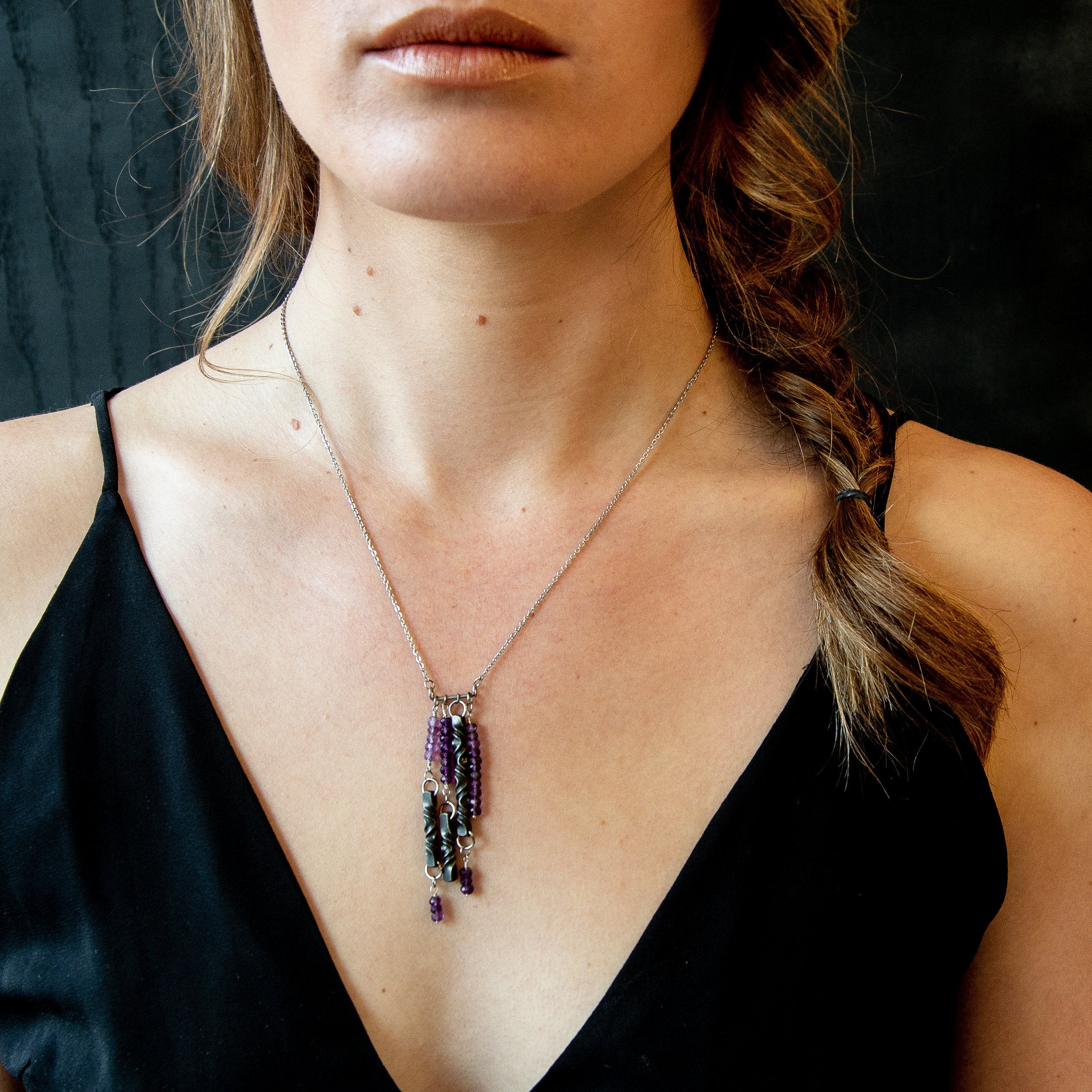 amethyst and iron anniversary bar necklace - 6th anniversary gift for her -statement necklace - modern boho jewelry - iron anniversary gift