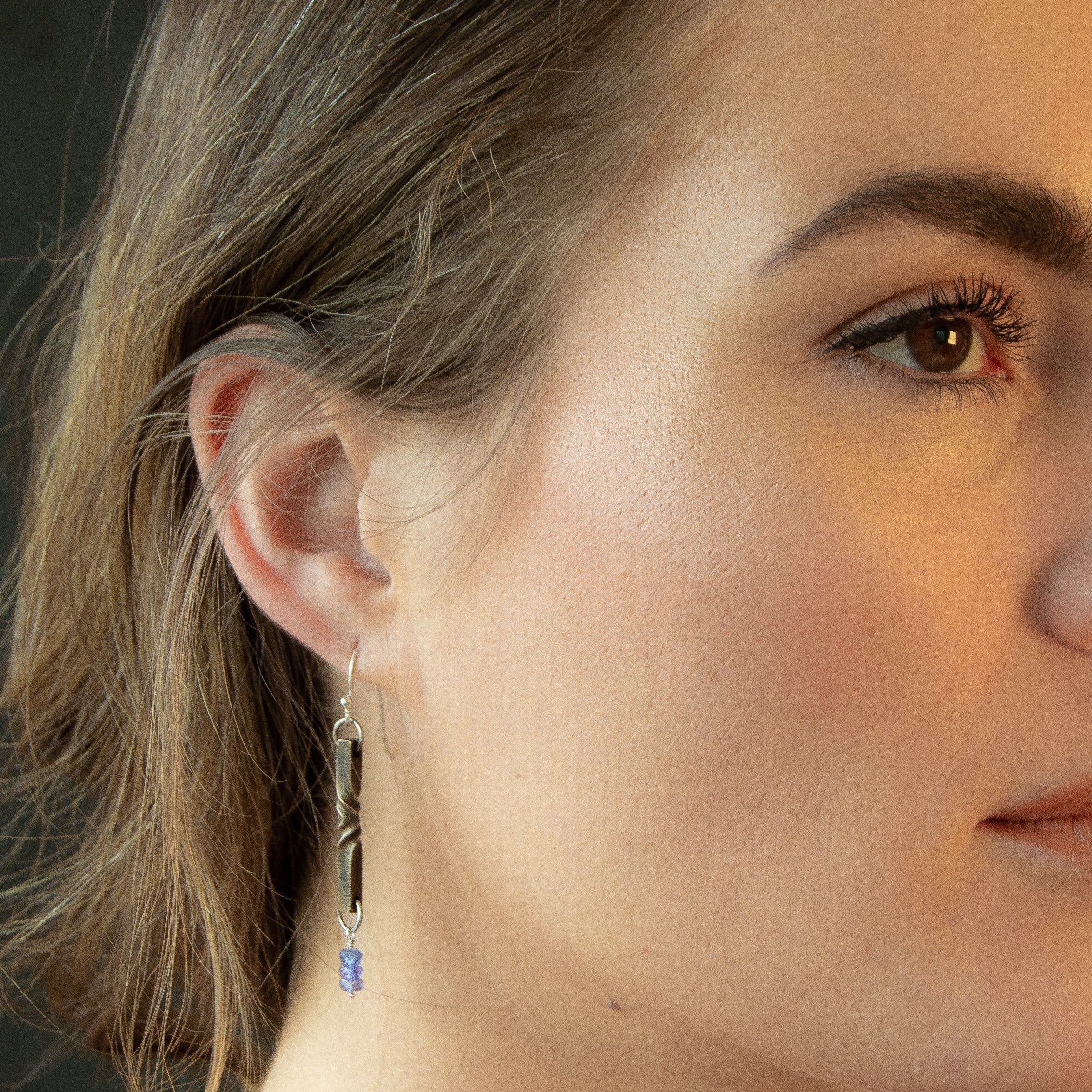 gem and bronze earrings - 8th anniversary gift for her- tanzanite, rose tourmaline, green tourmaline earrings
