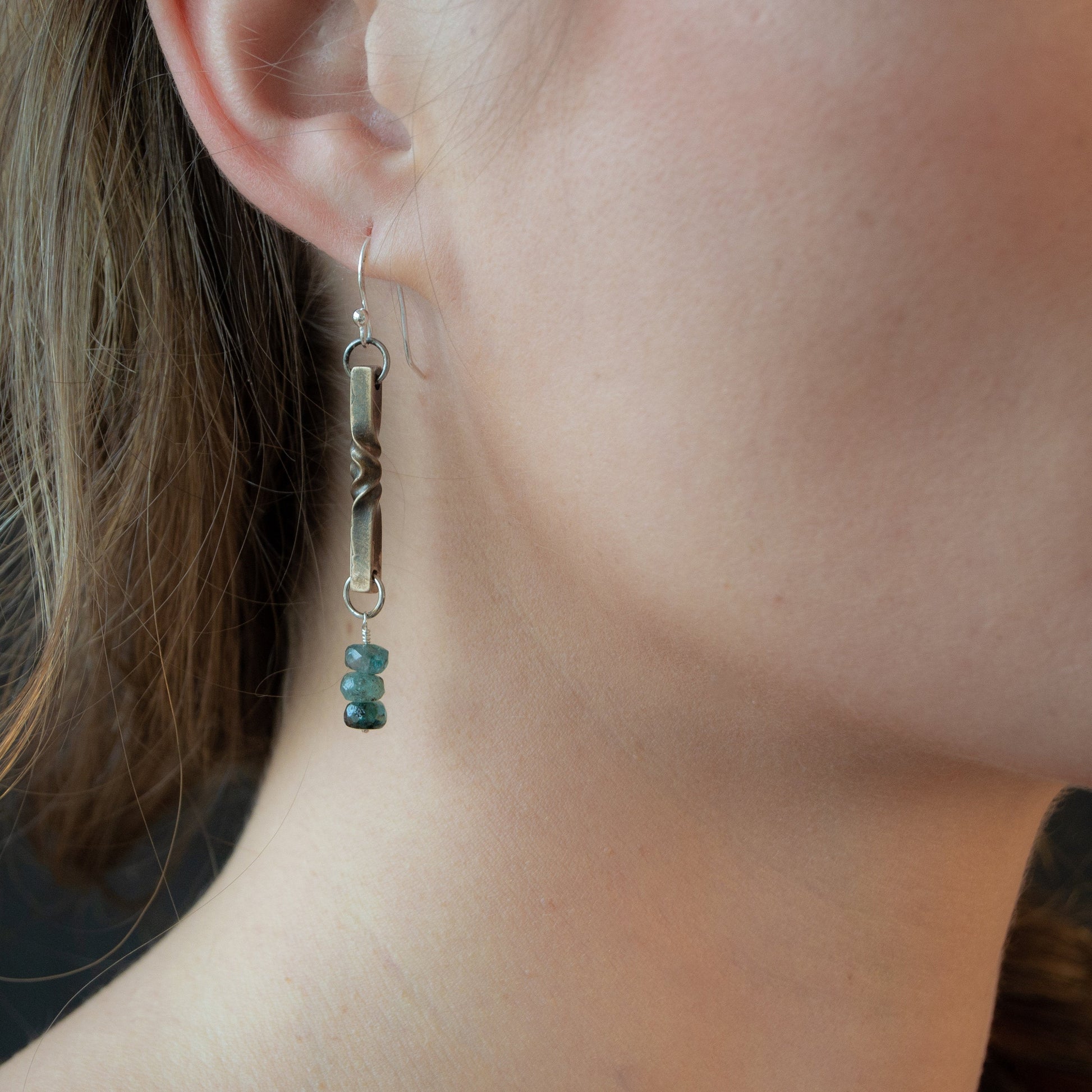 gem and bronze earrings - 8th anniversary gift for her- tanzanite, rose tourmaline, green tourmaline earrings