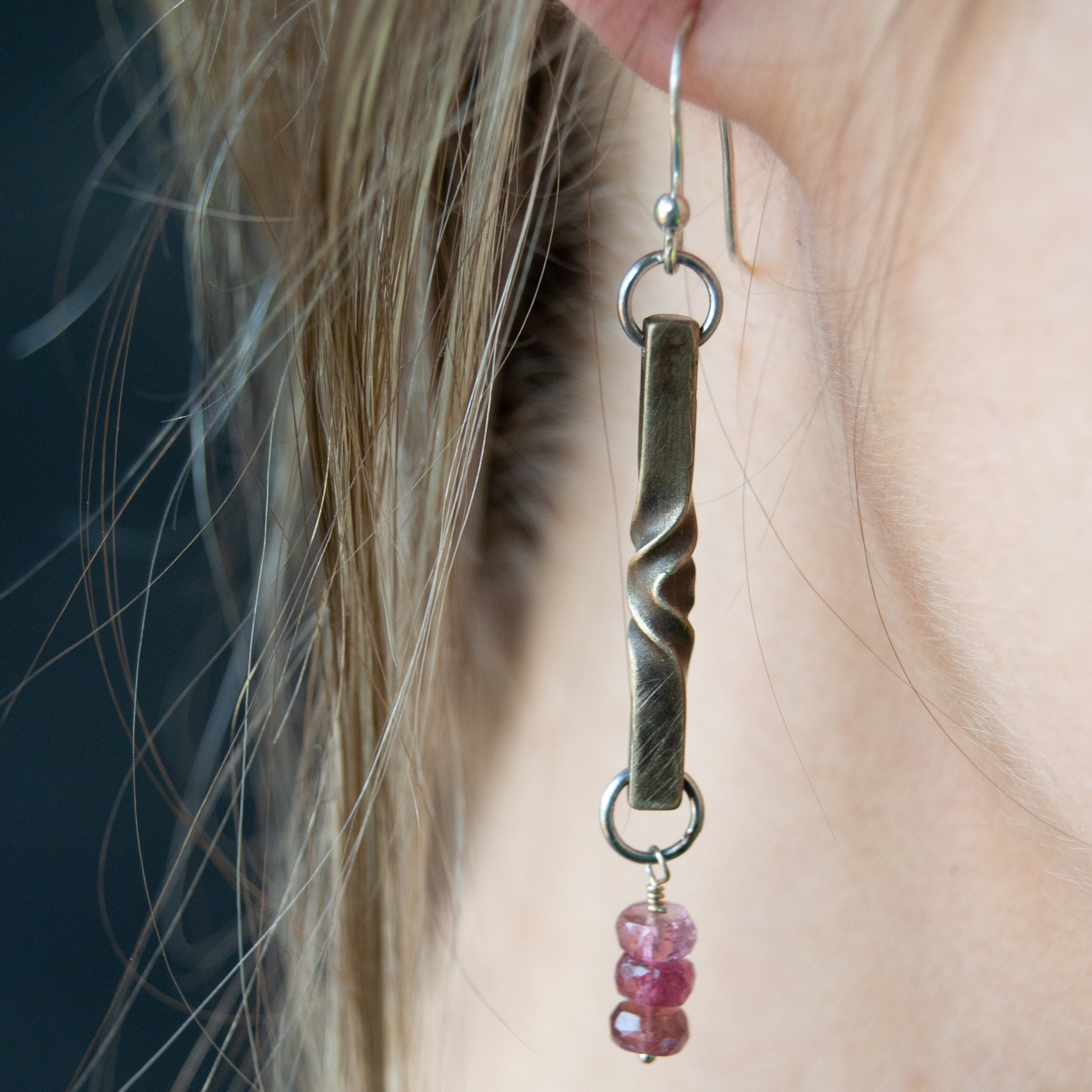 gem and bronze earrings - 8th anniversary gift for her- tanzanite, rose tourmaline, green tourmaline earrings