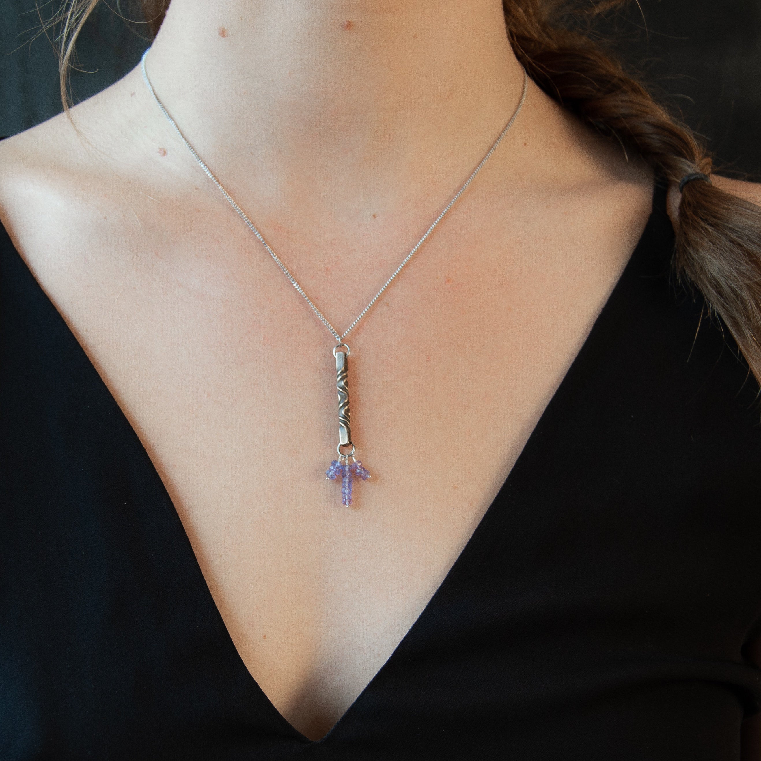 Tanzanite and bronze pendant - 8th anniversary gift for her- elegant architectural jewelry - bronze jewelry set