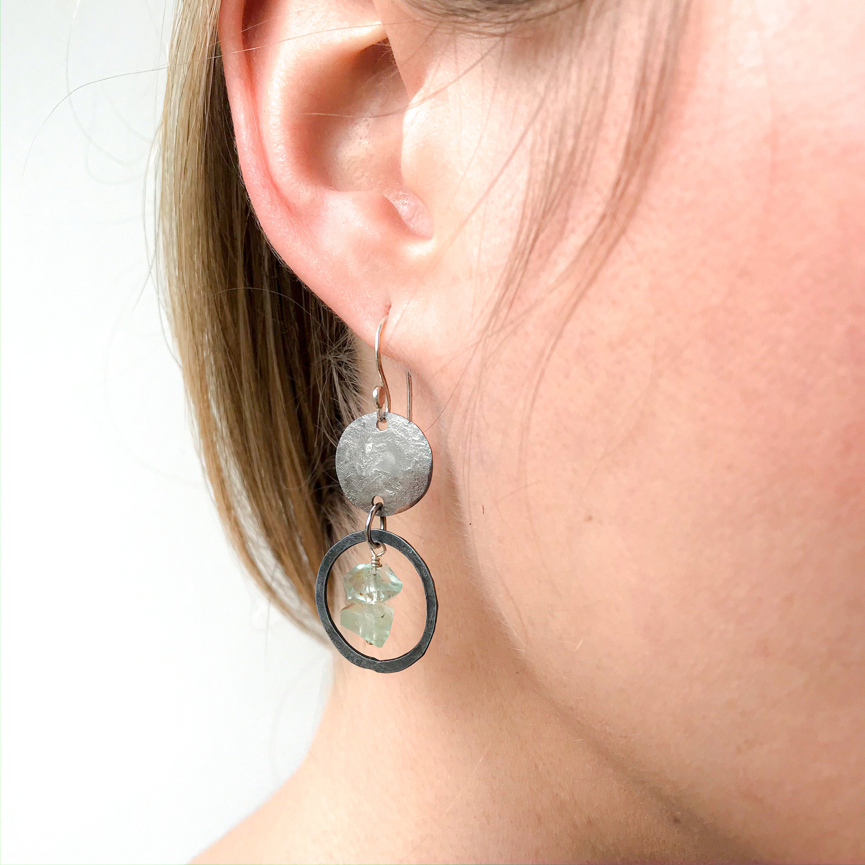 6th anniversary jewelry gift for her, iron earrings, hammered disc earrings, modern anniversary earrings, aquamarine jewelry