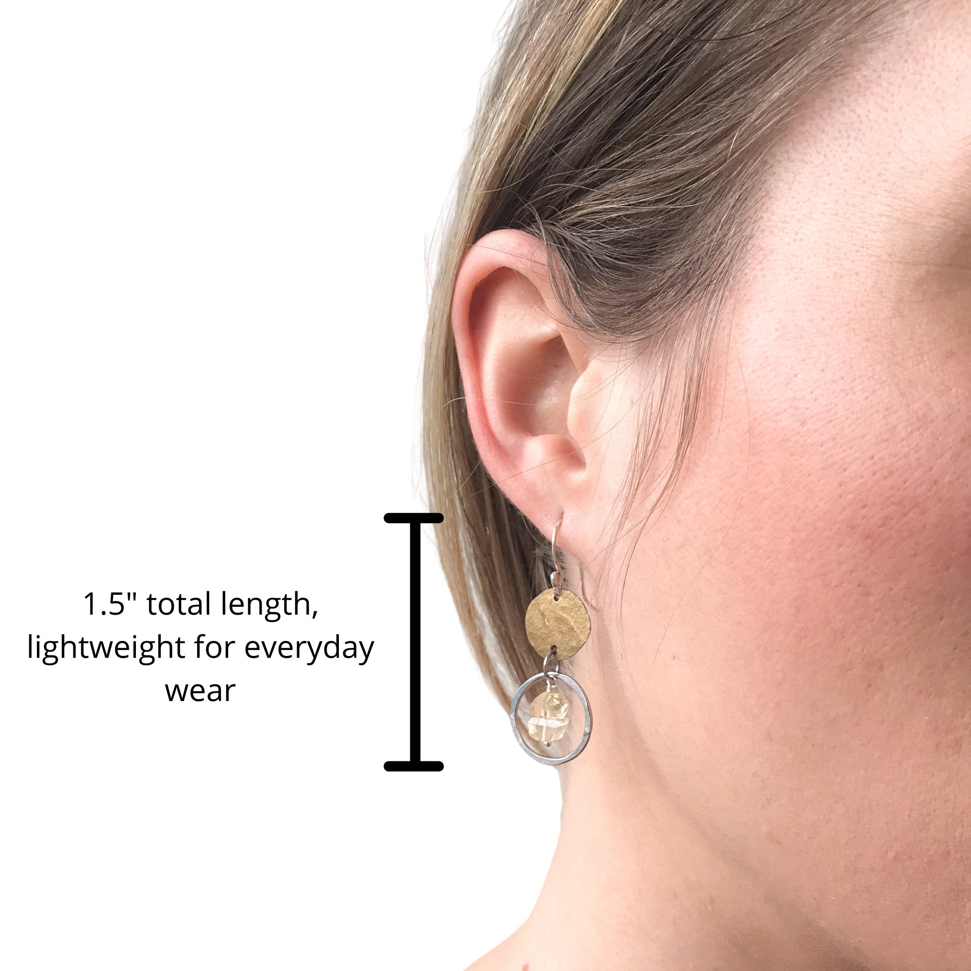 11th anniversary gift for her, citrine stainless steel and brass earrings, hammered disc earrings, hammered hoop earrings, citrine jewelry