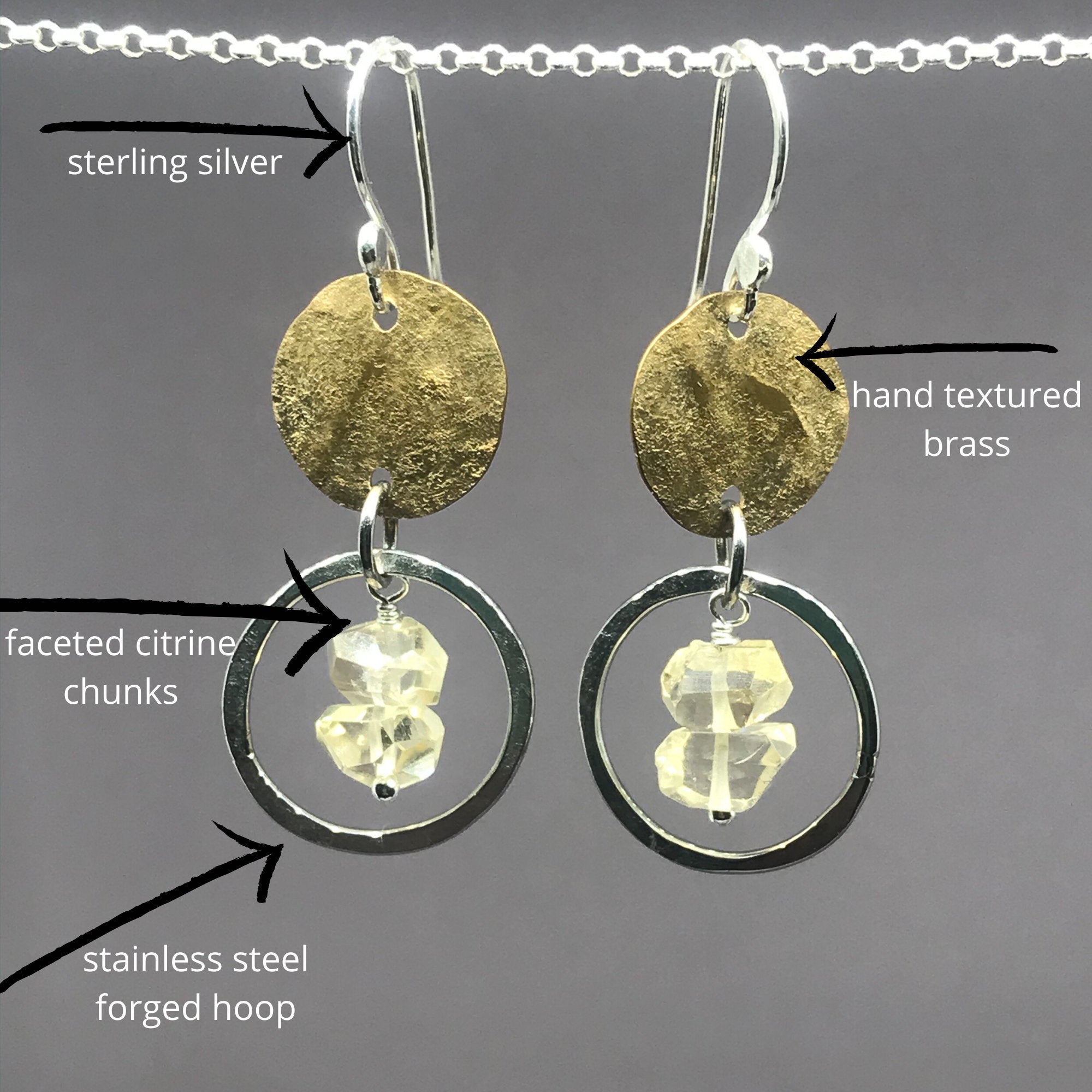 11th anniversary gift for her, citrine stainless steel and brass earrings, hammered disc earrings, hammered hoop earrings, citrine jewelry