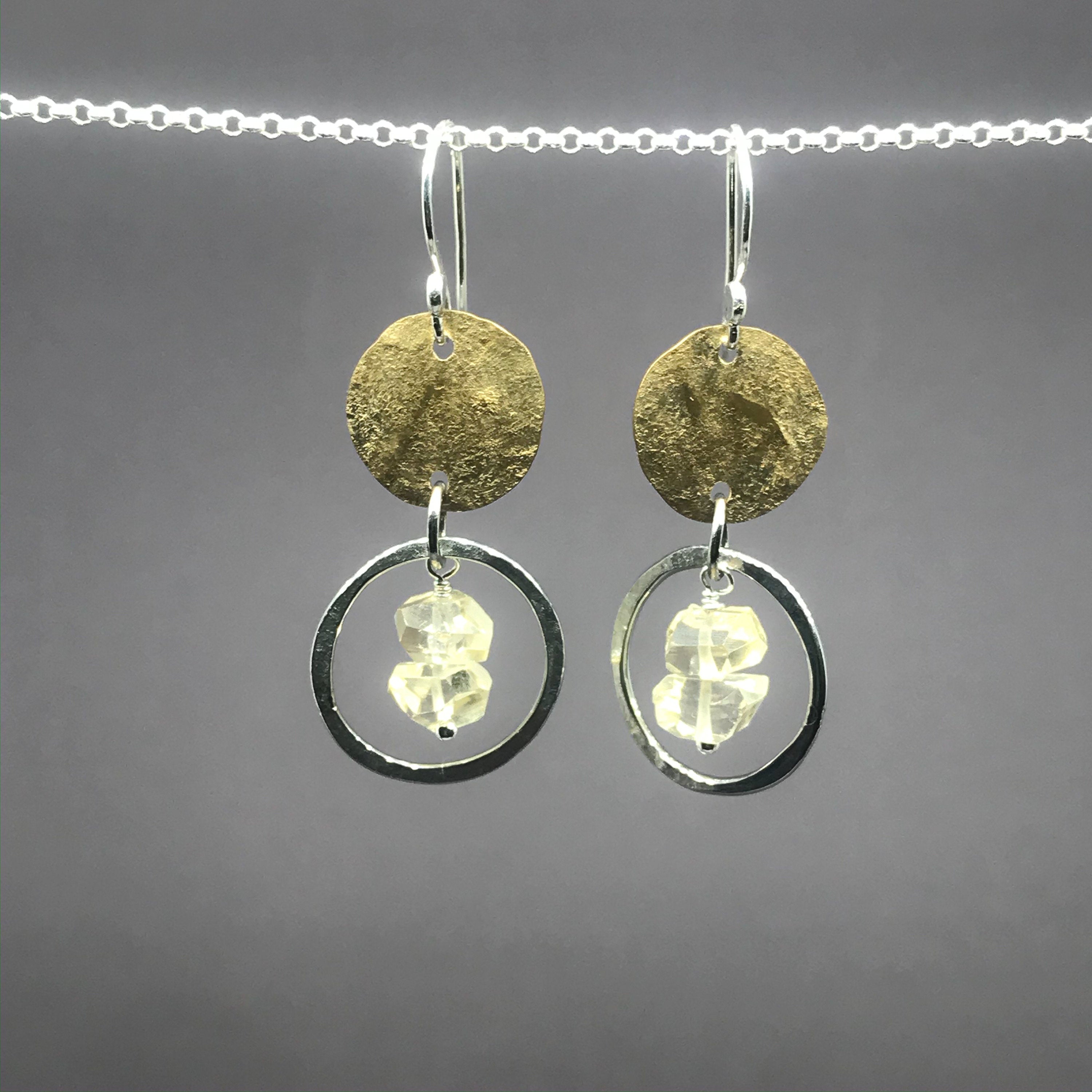 11th anniversary gift for her, citrine stainless steel and brass earrings, hammered disc earrings, hammered hoop earrings, citrine jewelry