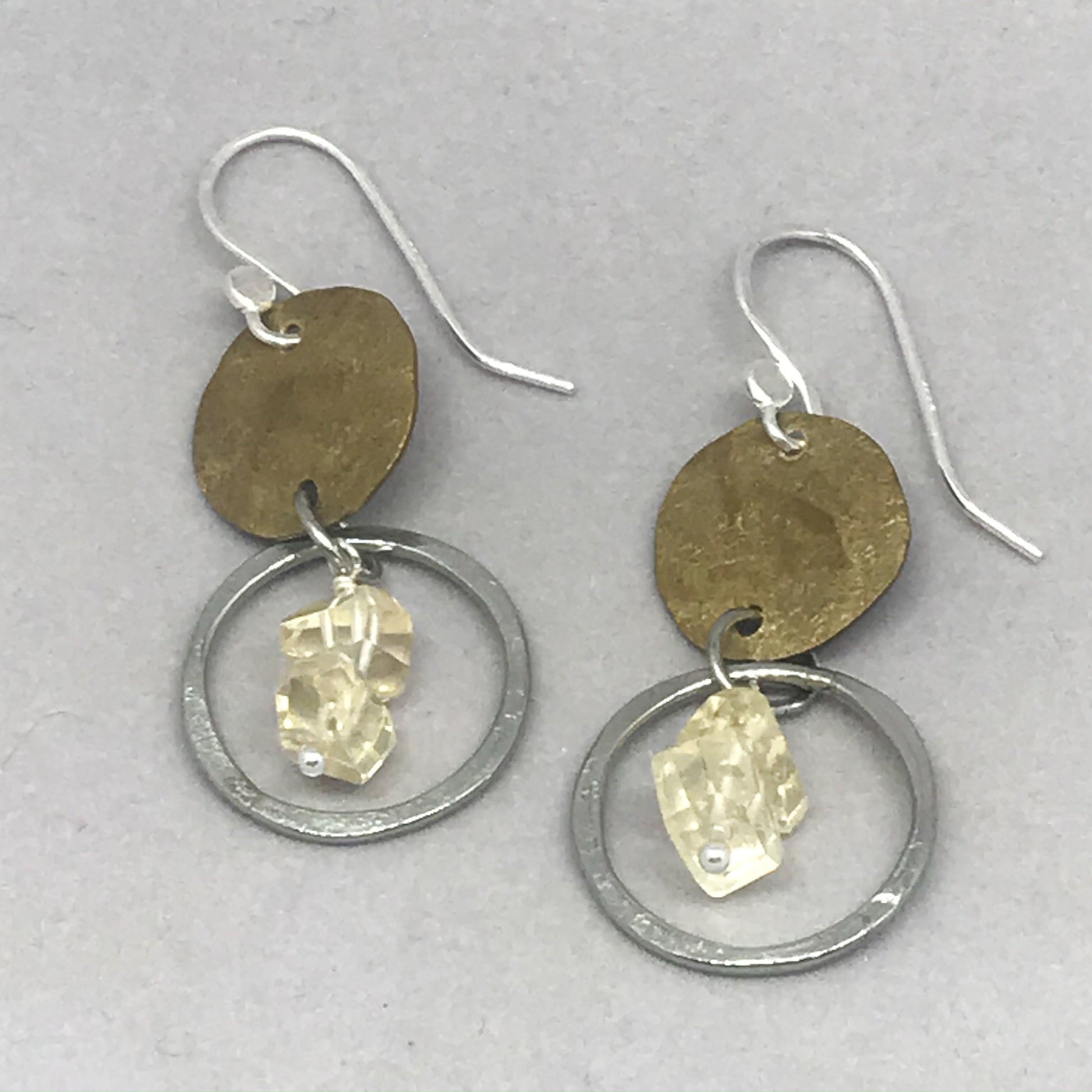11th anniversary gift for her, citrine stainless steel and brass earrings, hammered disc earrings, hammered hoop earrings, citrine jewelry