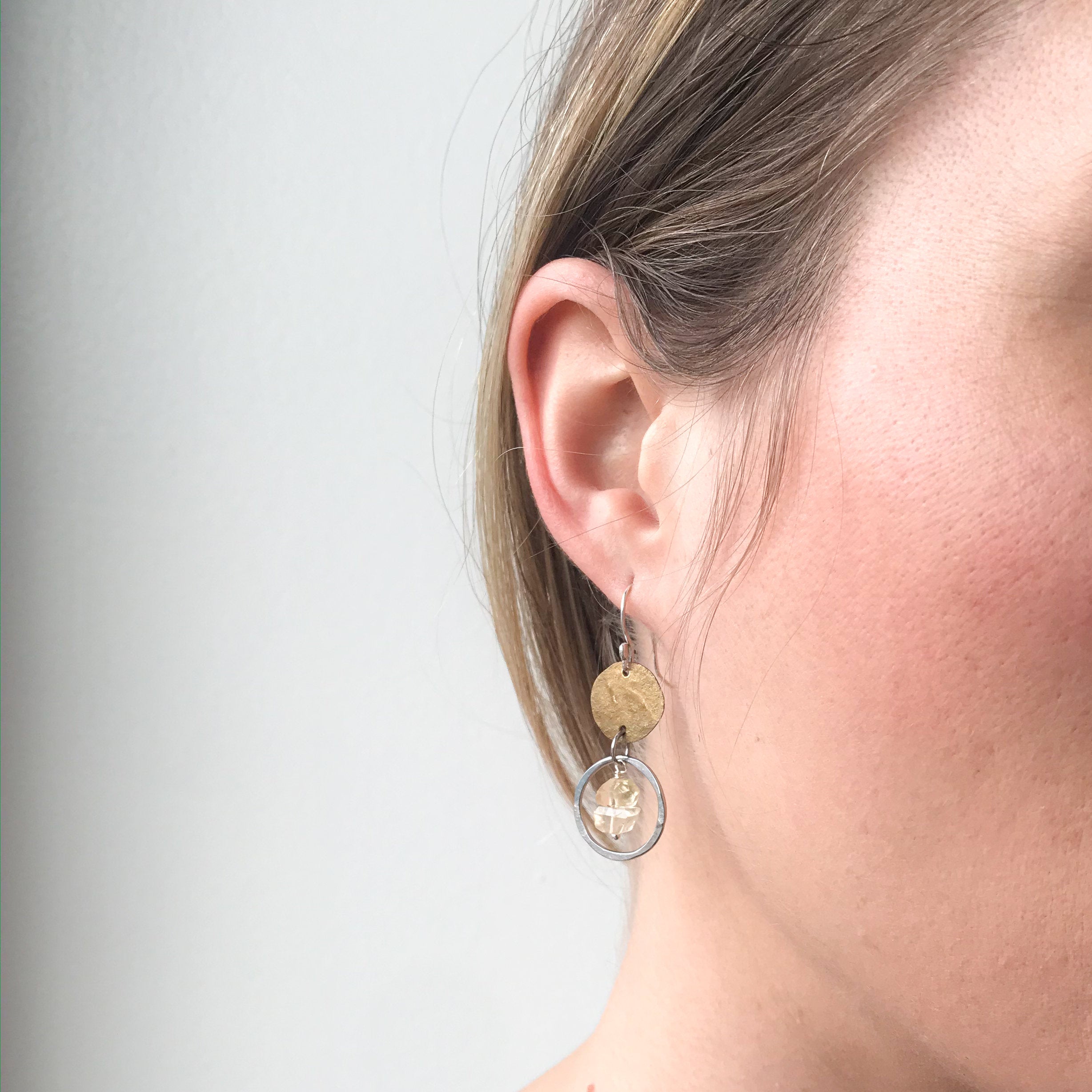 11th anniversary gift for her, citrine stainless steel and brass earrings, hammered disc earrings, hammered hoop earrings, citrine jewelry