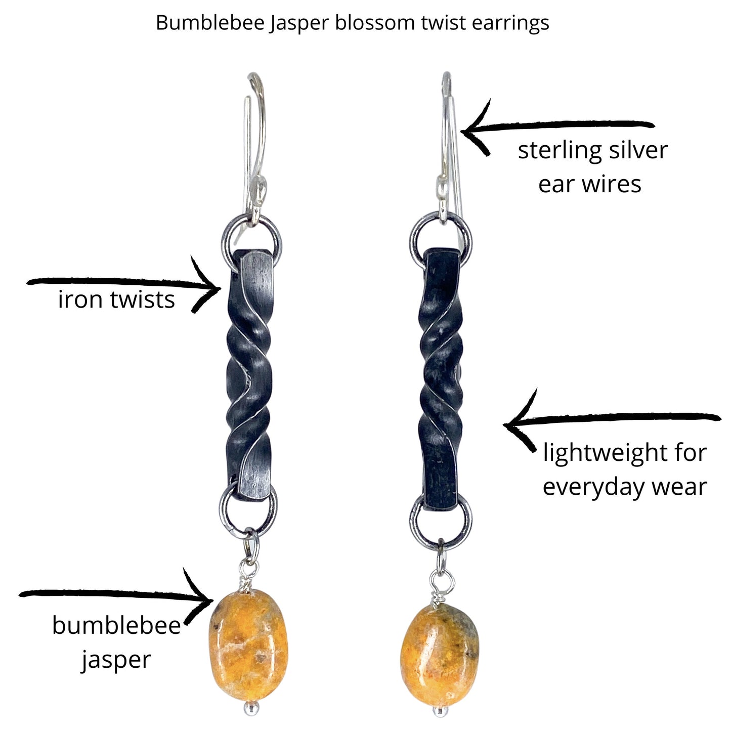 iron and bumblebee jasper earrings, 6th anniversary gift for wife, iron twist earrings and jasper necklace, iron anniversary gift for her