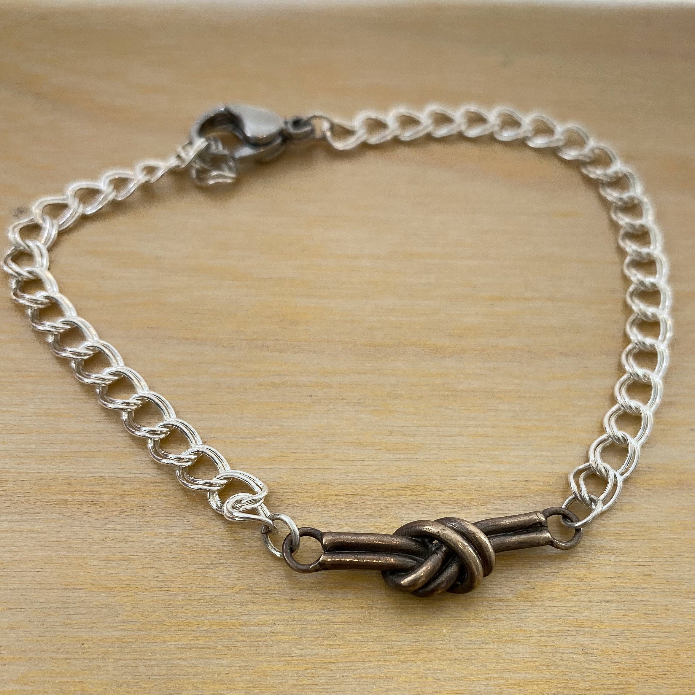 bronze knot swing bracelet and necklace, 8th anniversary jewelry set, bronze eternity knot earrings, bronze and silver jewelry