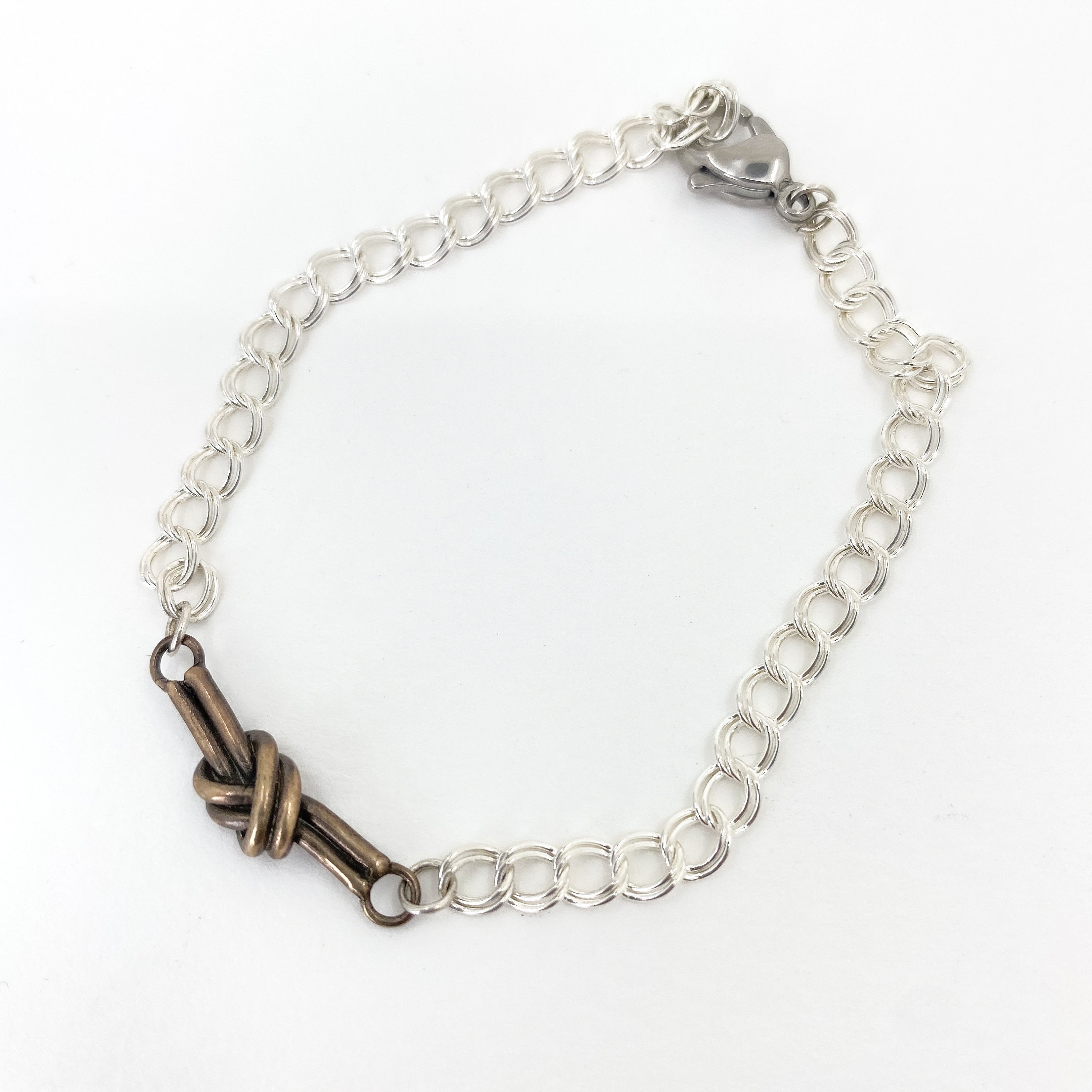 bronze knot swing bracelet and necklace, 8th anniversary jewelry set, bronze eternity knot earrings, bronze and silver jewelry