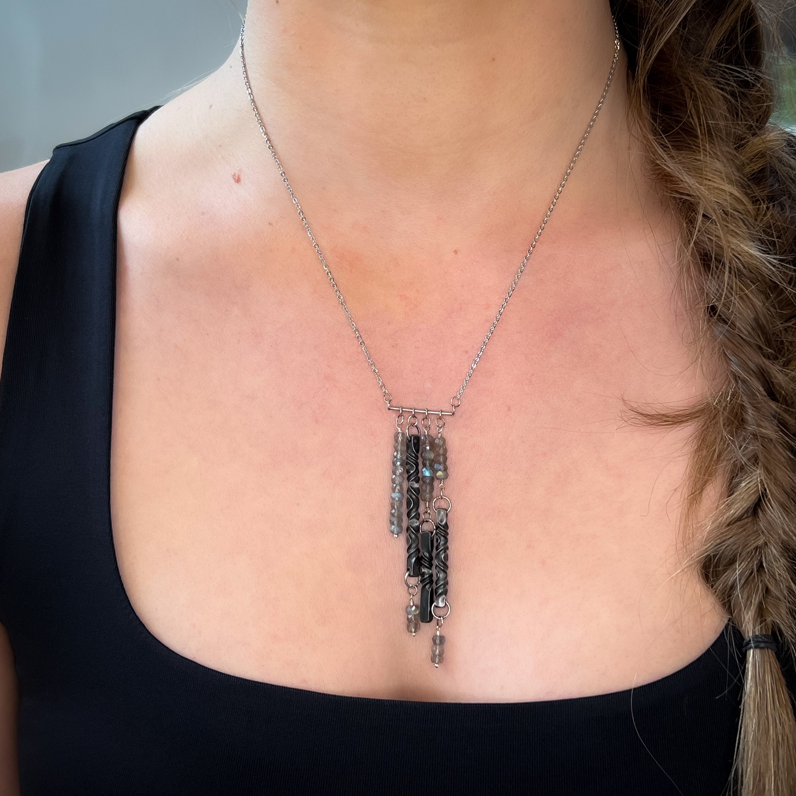 labradorite and iron bar necklace, 6th anniversary gift for wife, labradorite jewelry, statement necklace by blacksmith, hand forged