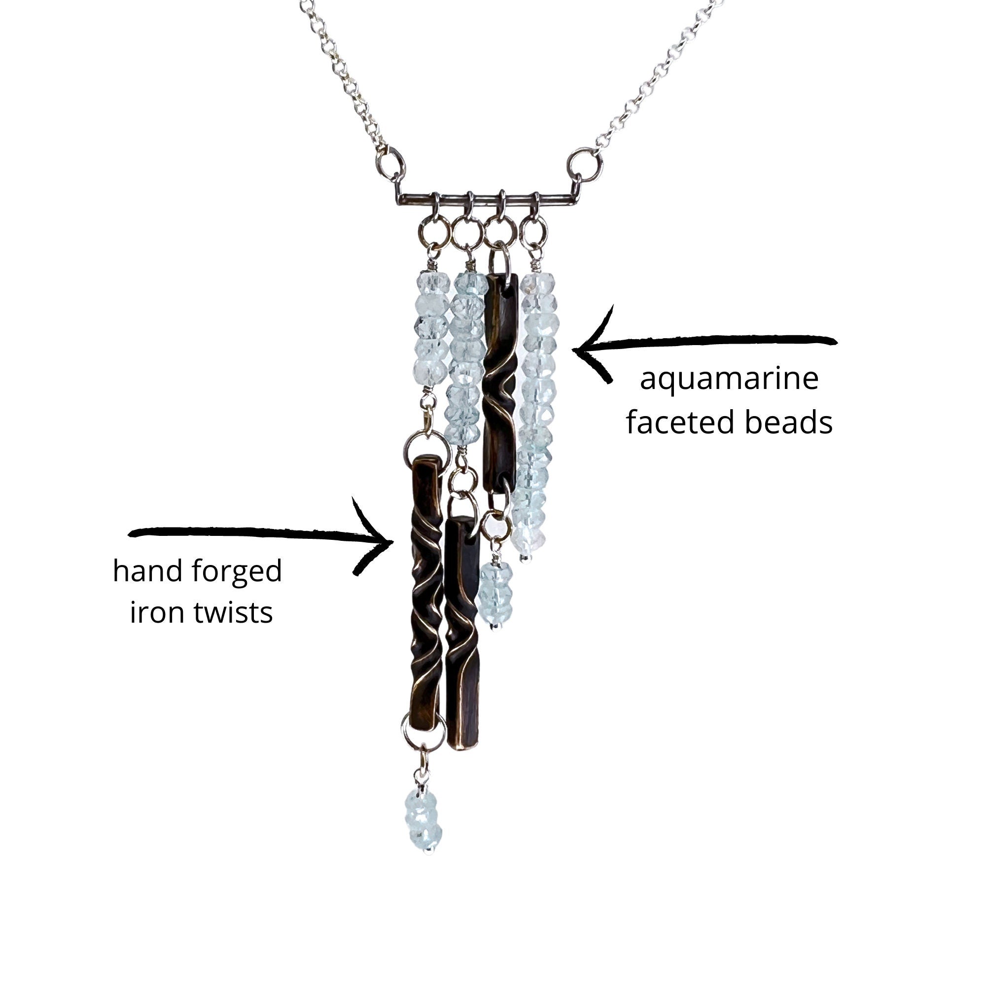 aquamarine and iron bar necklace, 6th anniversary gift for wife, aquamarine jewelry, statement necklace by blacksmith, hand forged