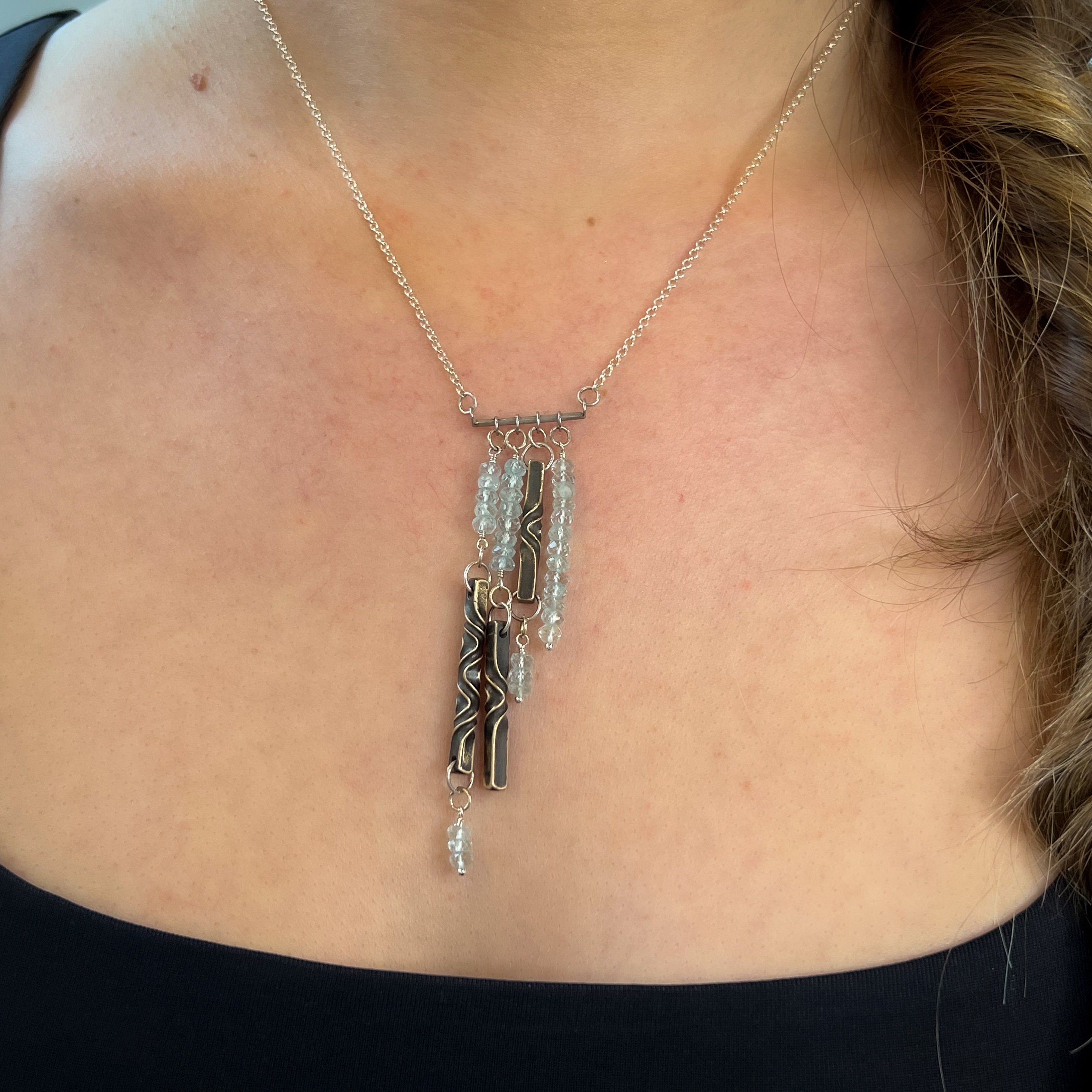 aquamarine and iron bar necklace, 6th anniversary gift for wife, aquamarine jewelry, statement necklace by blacksmith, hand forged