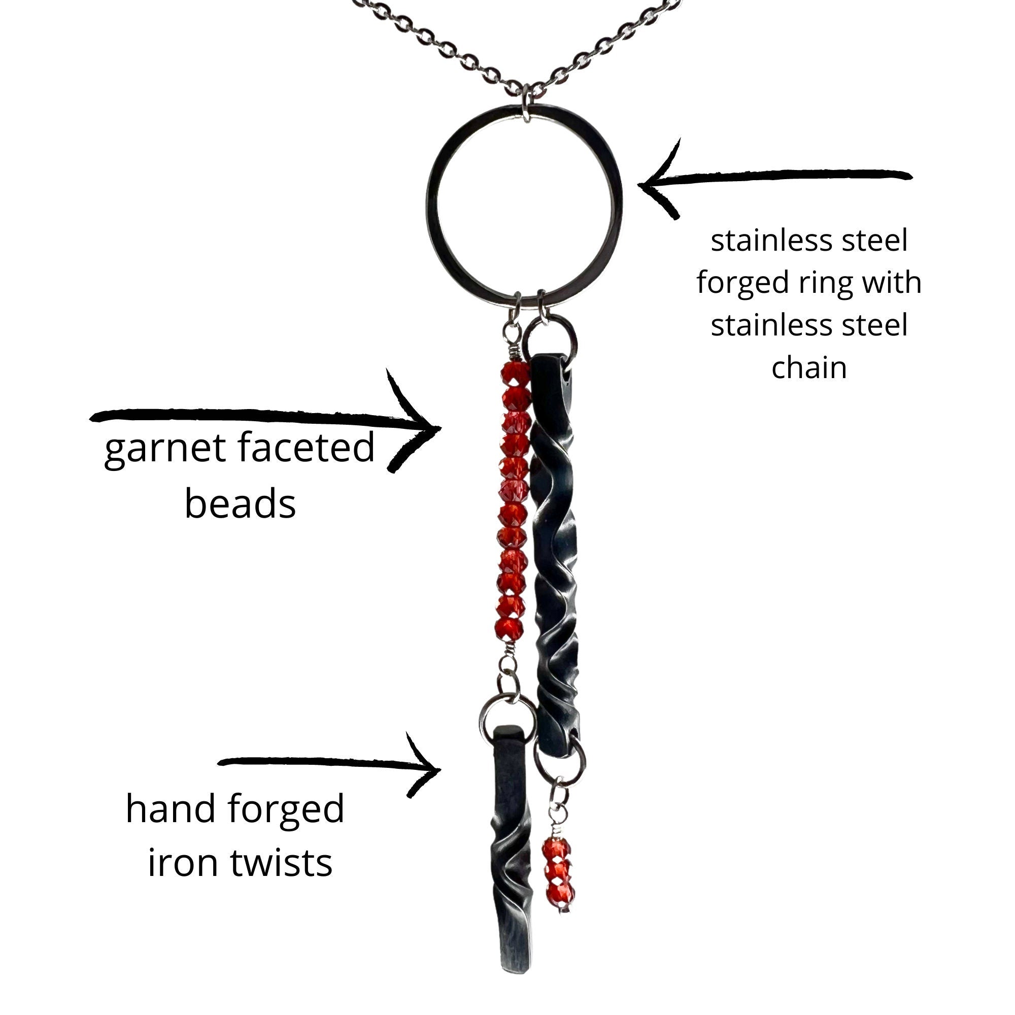 iron and garnet necklace, 6th anniversary gift for her, iron anniversary gift, hand forged, garnet jewelry, January birthstone