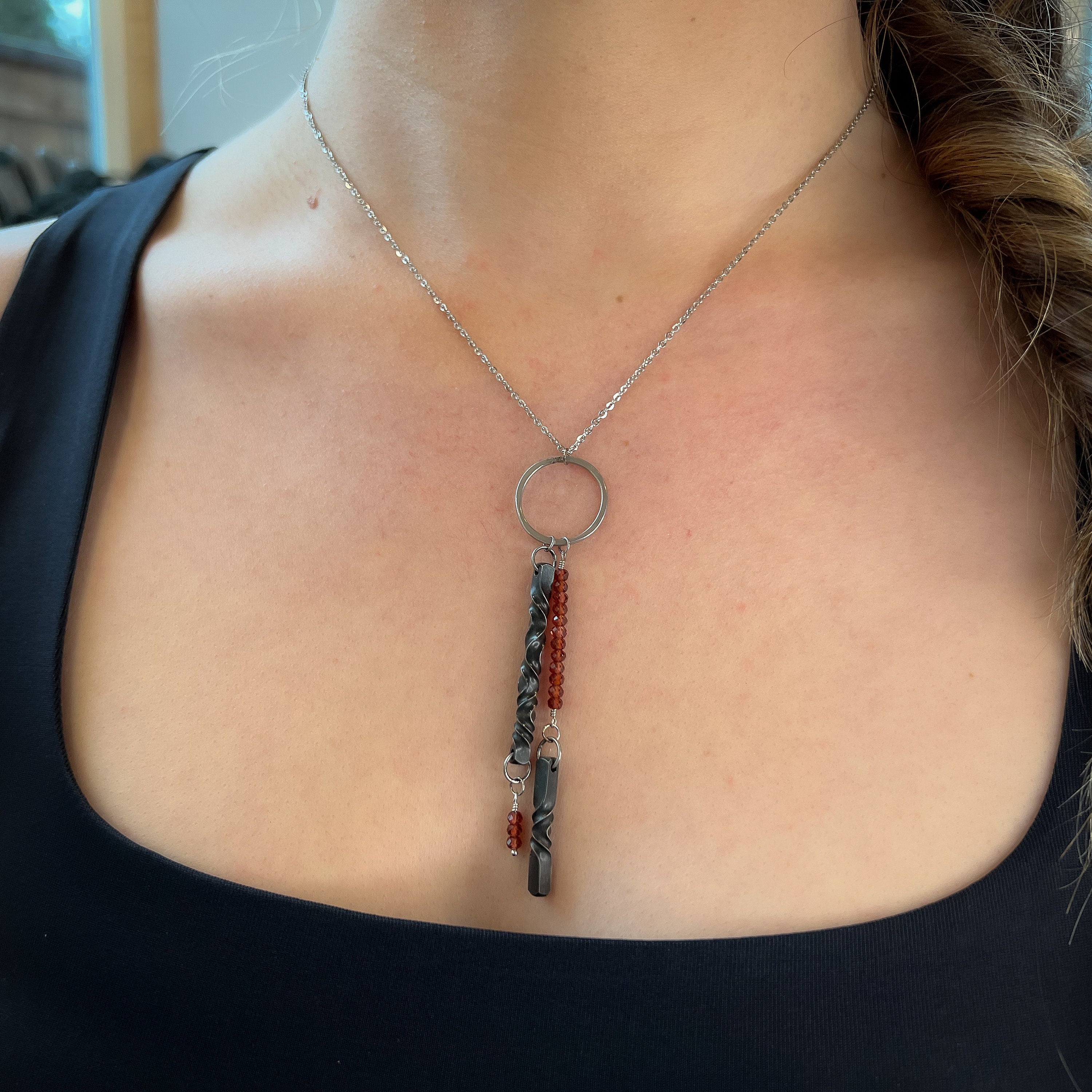 iron and garnet necklace, 6th anniversary gift for her, iron anniversary gift, hand forged, garnet jewelry, January birthstone