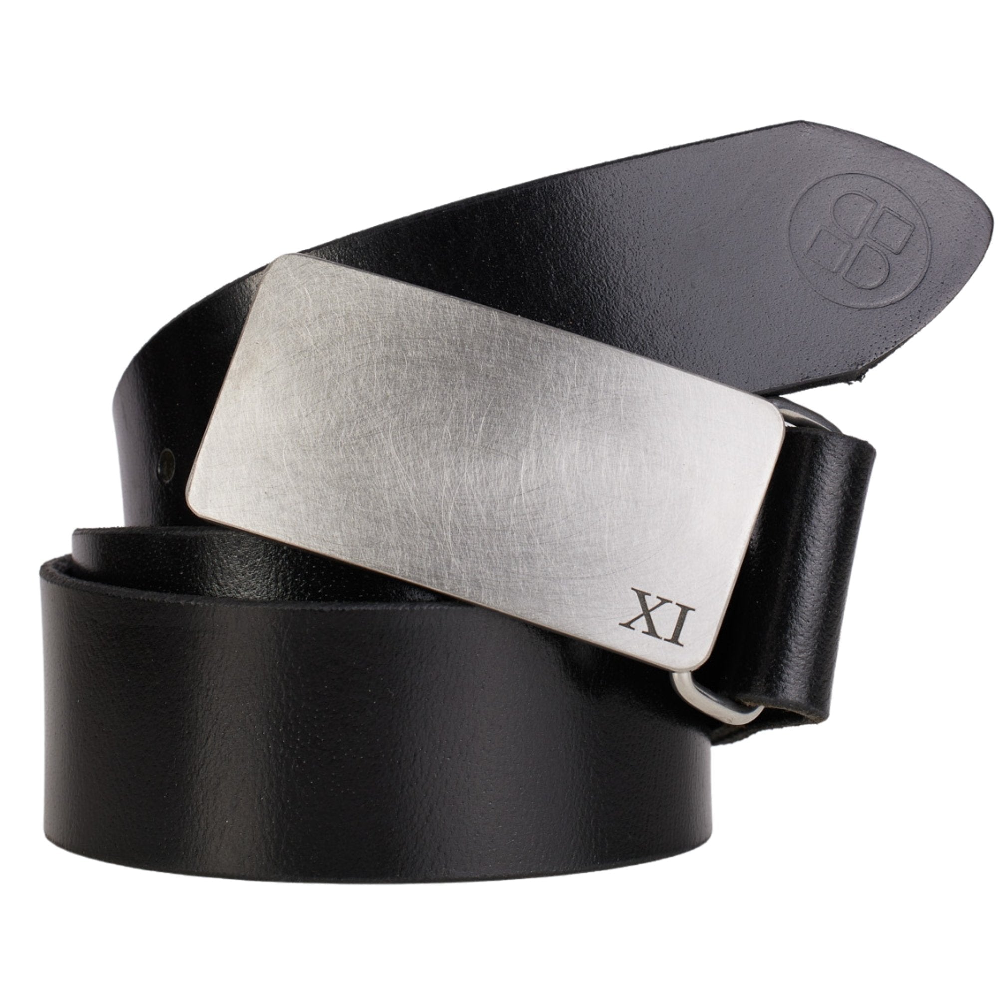 Stainless steel belt buckle with roman numeral 11 engraved in bottom corner on black leather belt.