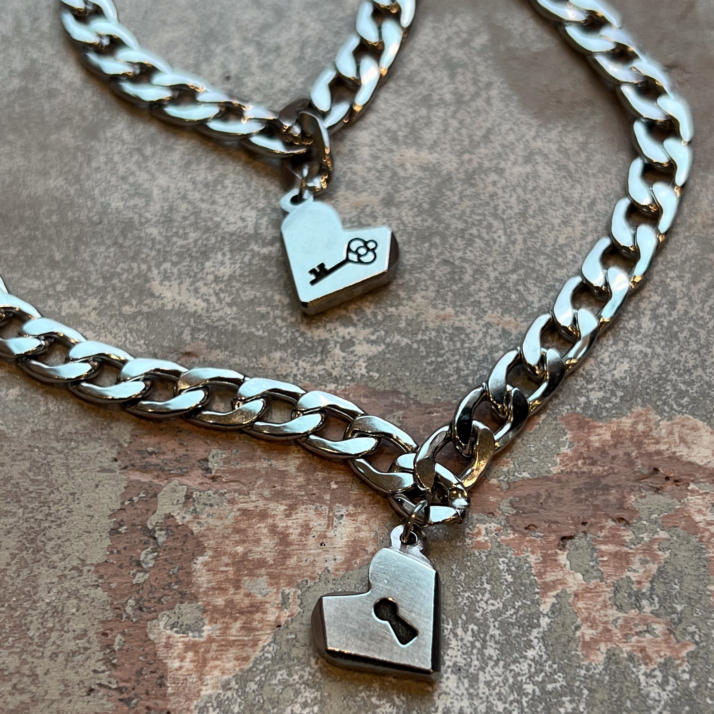 Personalized Heart Lock Necklace & Key Bracelet in Stainless Steel