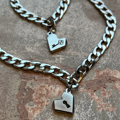 Personalized Heart Lock Necklace & Key Bracelet in Stainless Steel