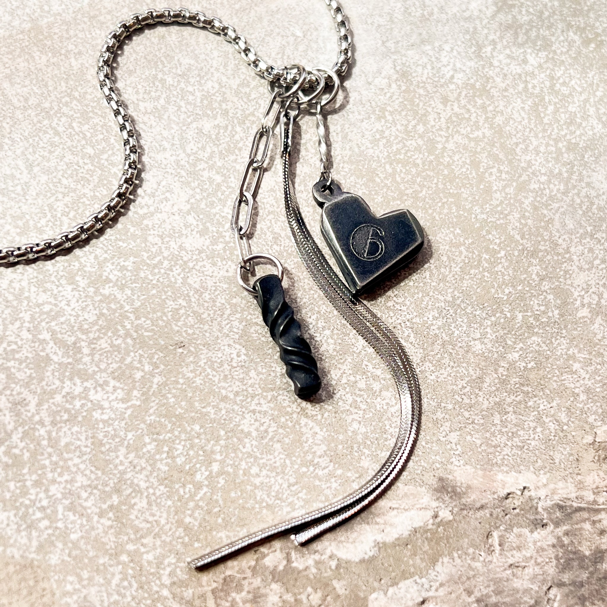 Iron heart with 6 engraved, snake chain and iron twist on stainless chain for 6th anniversary charm necklace.