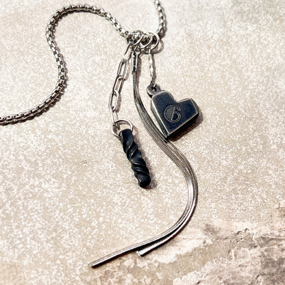 Iron heart with 6 engraved, snake chain and iron twist on stainless chain for 6th anniversary charm necklace.