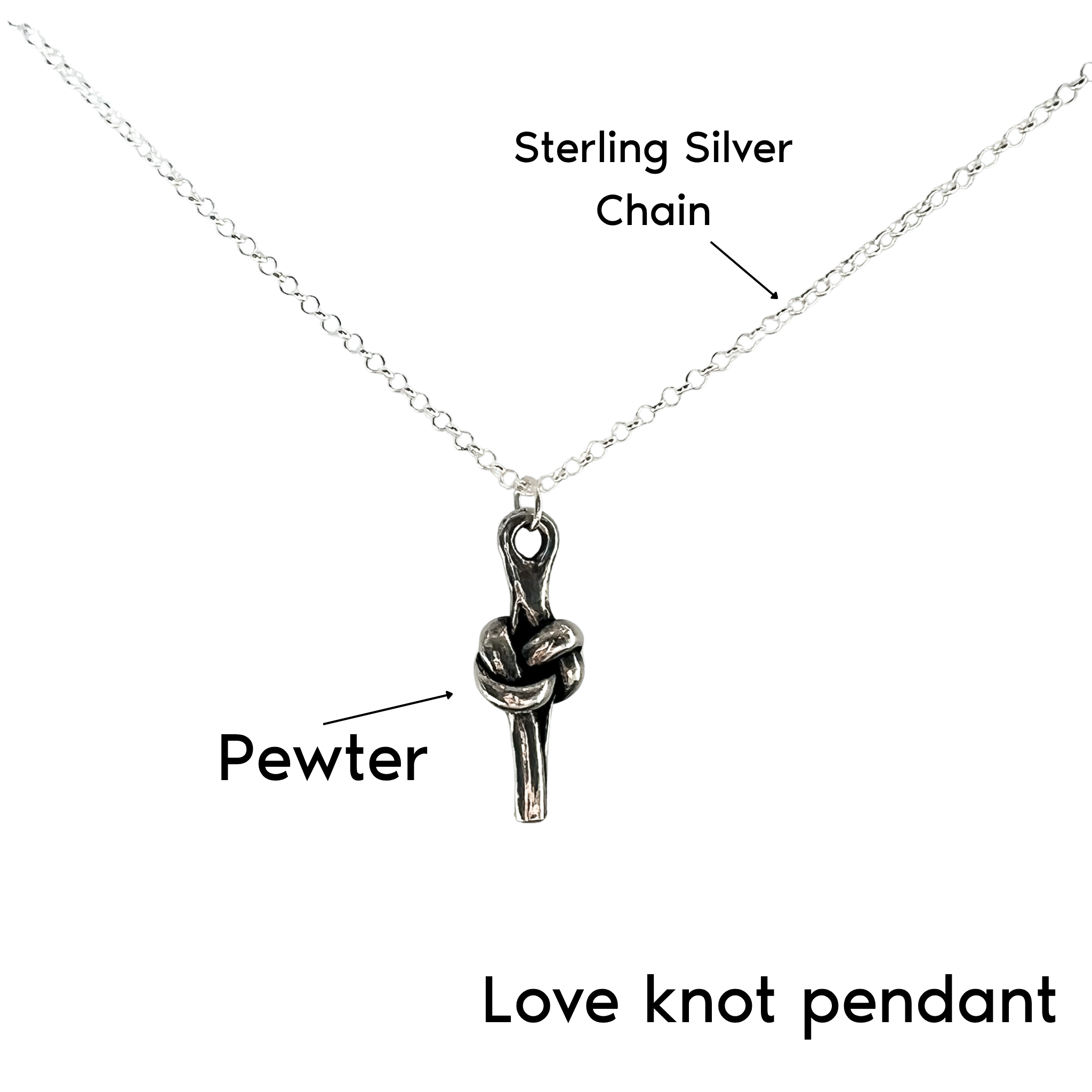 Silver necklace with a pendant shaped like a love knot, shown on a white background with text labels pointing to the sterling silver chain and the pendant.