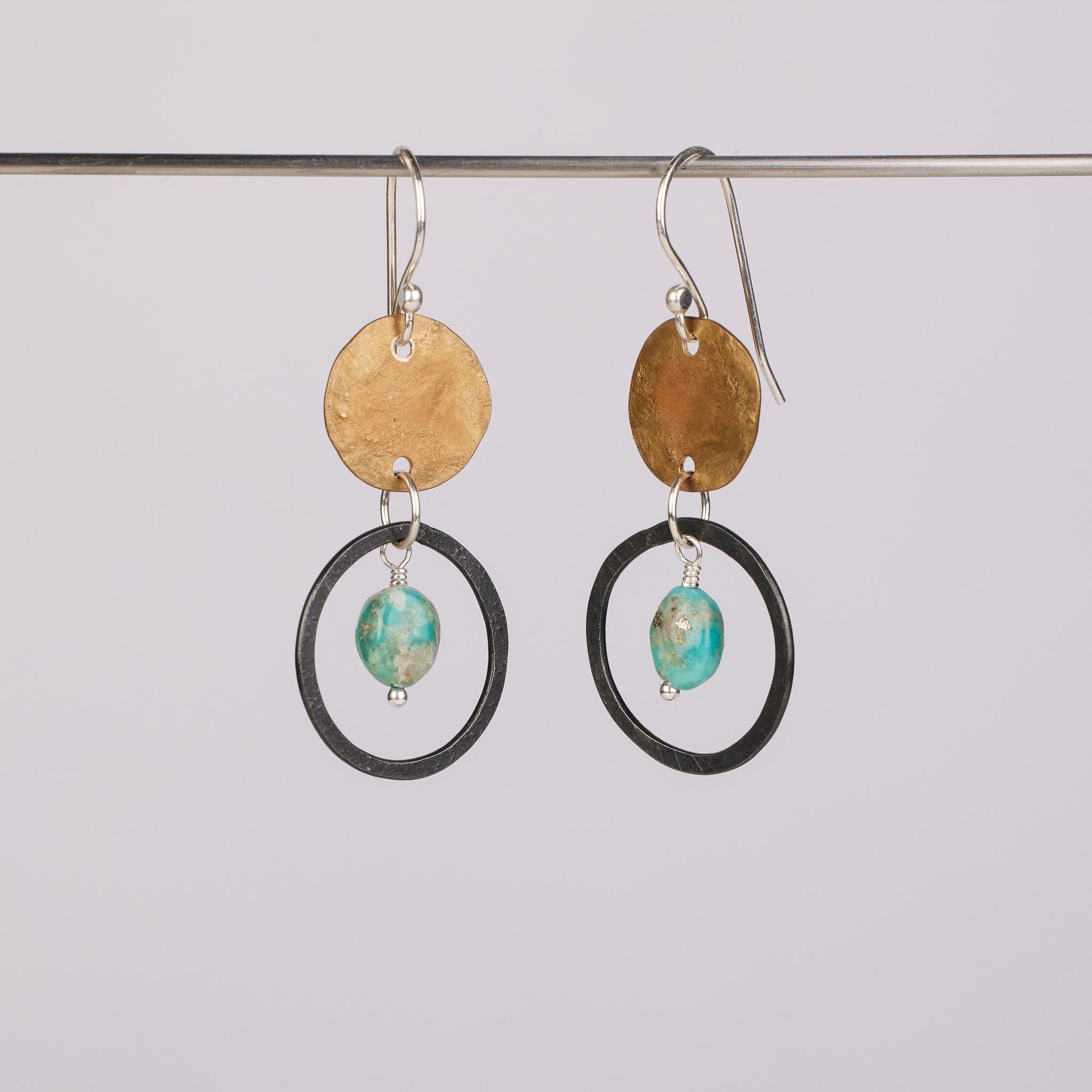 Handcrafted Turquoise Bronze Dangle Earrings: Artisan Forged Delicate Southwestern Boho Jewelry