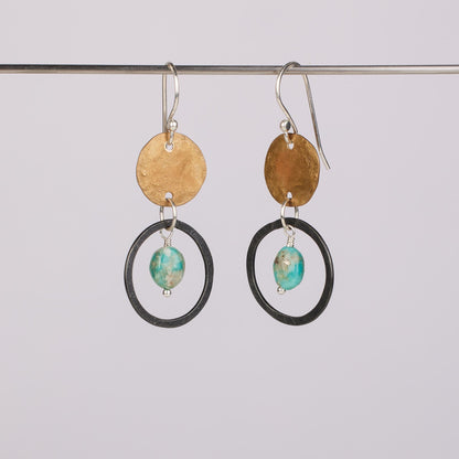 Handcrafted Turquoise Bronze Dangle Earrings: Artisan Forged Delicate Southwestern Boho Jewelry
