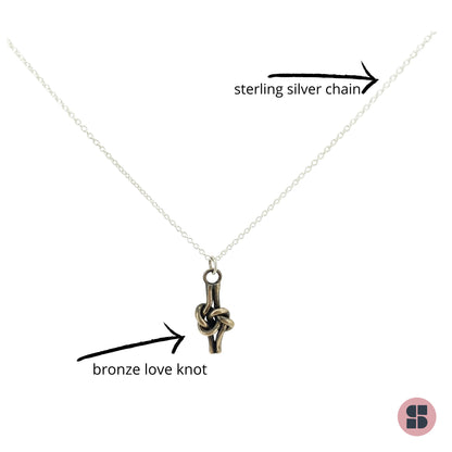 Bronze love knot pendant with diagram