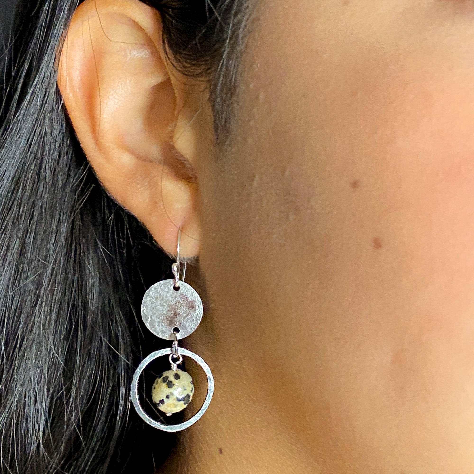 Stainless Dalmatian Jasper Disc Earrings