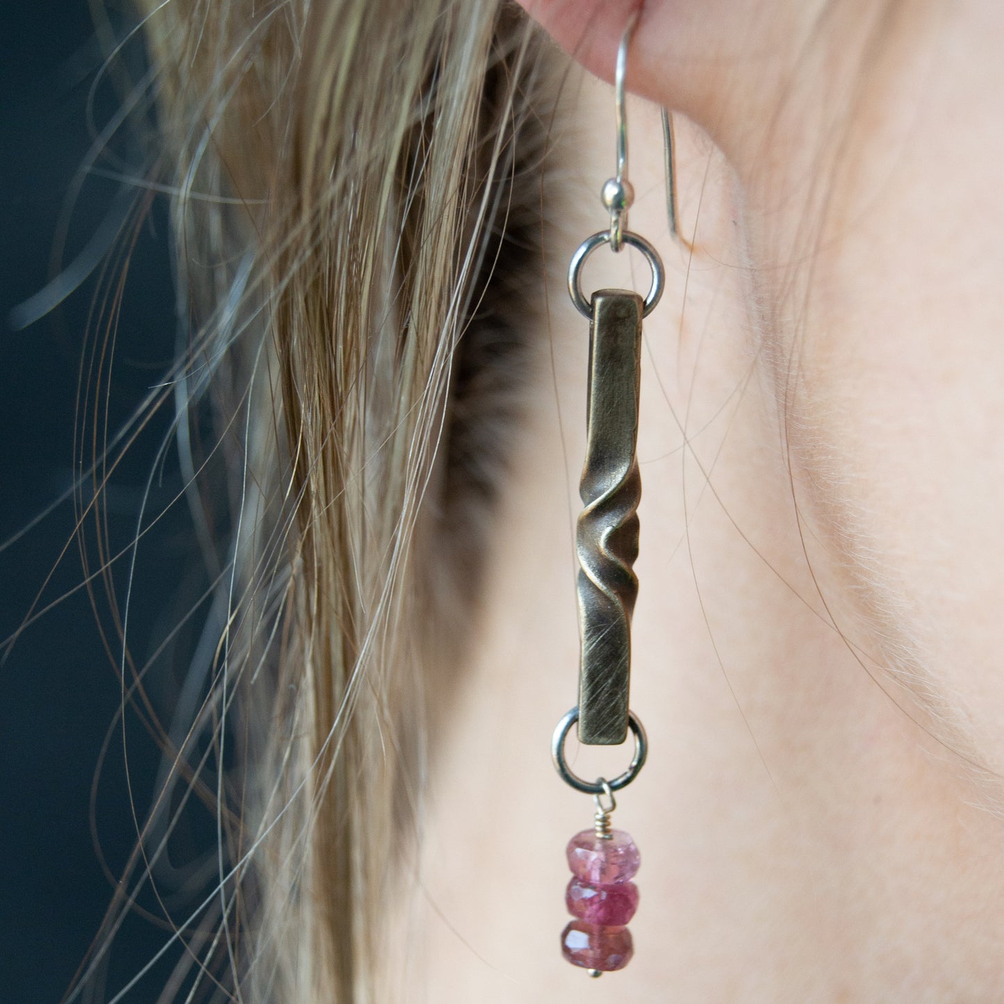 gem and bronze earrings - 8th anniversary gift for her- tanzanite, rose tourmaline, green tourmaline earrings