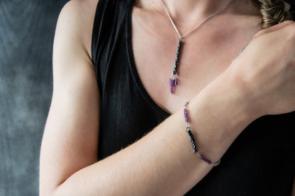 6th anniversary iron and amethyst modern pendant and bracelet- 6th anniversary gift for wife - made by blacksmith - iron anniversary gift