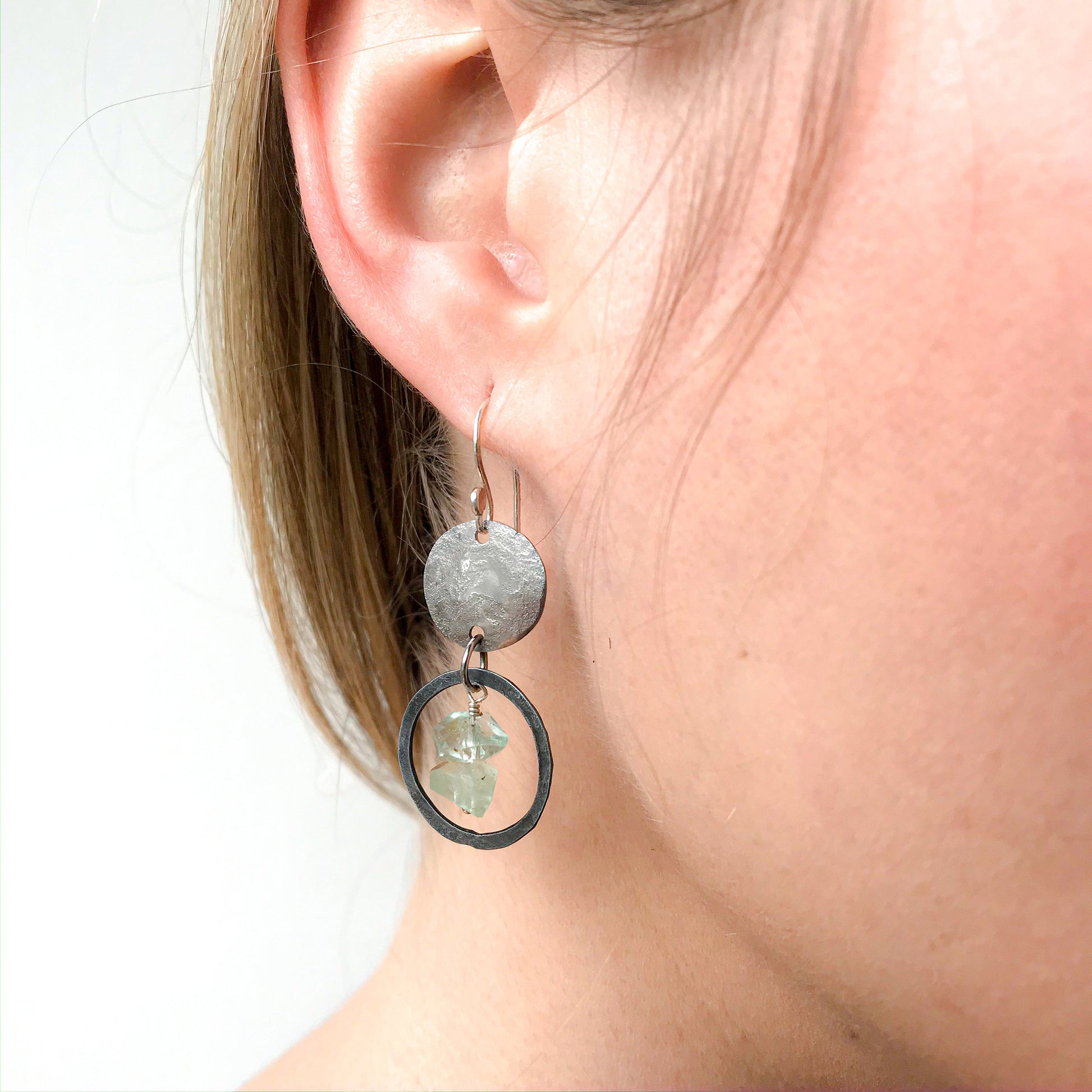 6th anniversary jewelry gift for her, iron earrings, hammered disc earrings, modern anniversary earrings, aquamarine jewelry