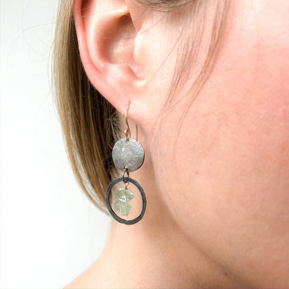 6th anniversary jewelry gift for her, iron earrings, hammered disc earrings, modern anniversary earrings, aquamarine jewelry