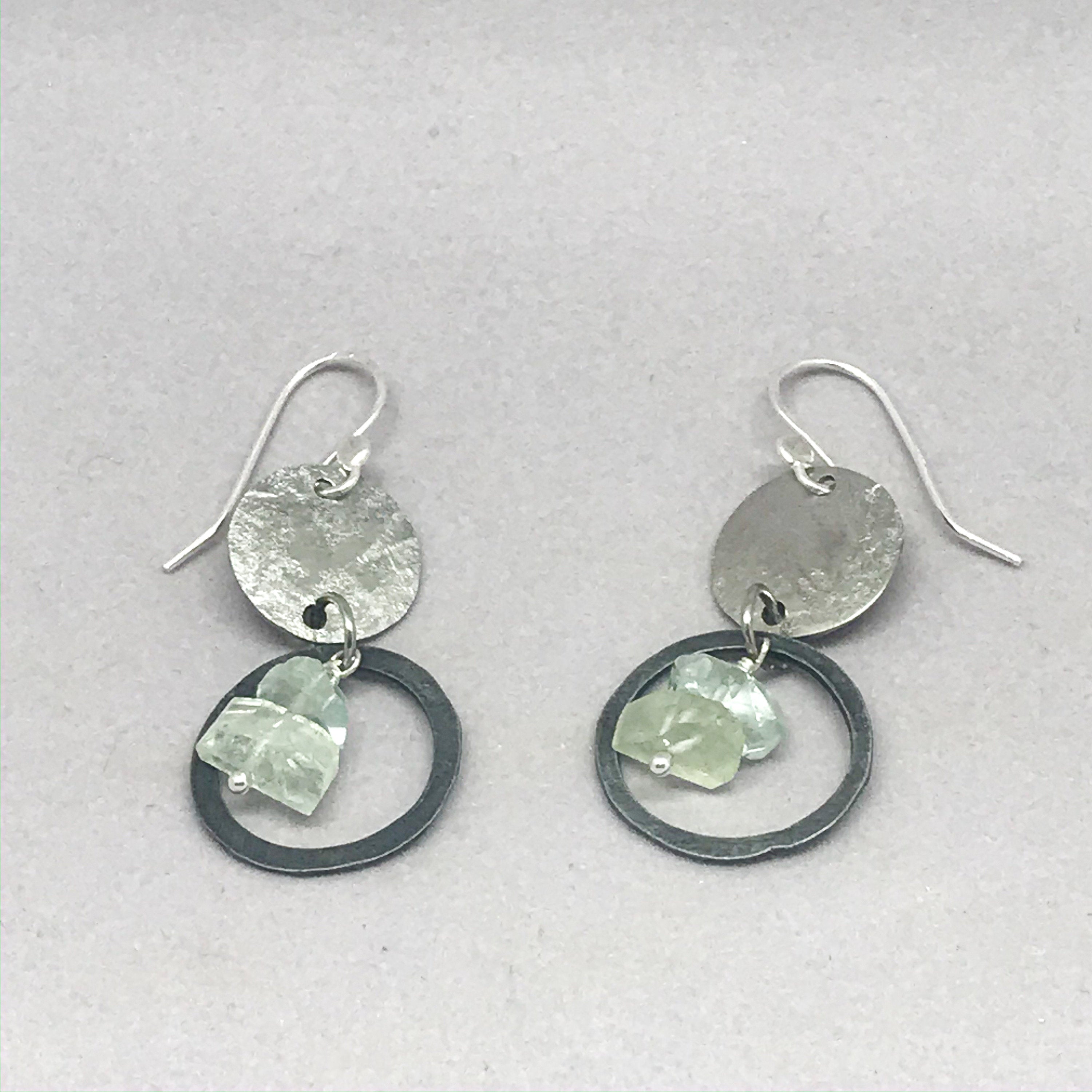6th anniversary jewelry gift for her, iron earrings, hammered disc earrings, modern anniversary earrings, aquamarine jewelry