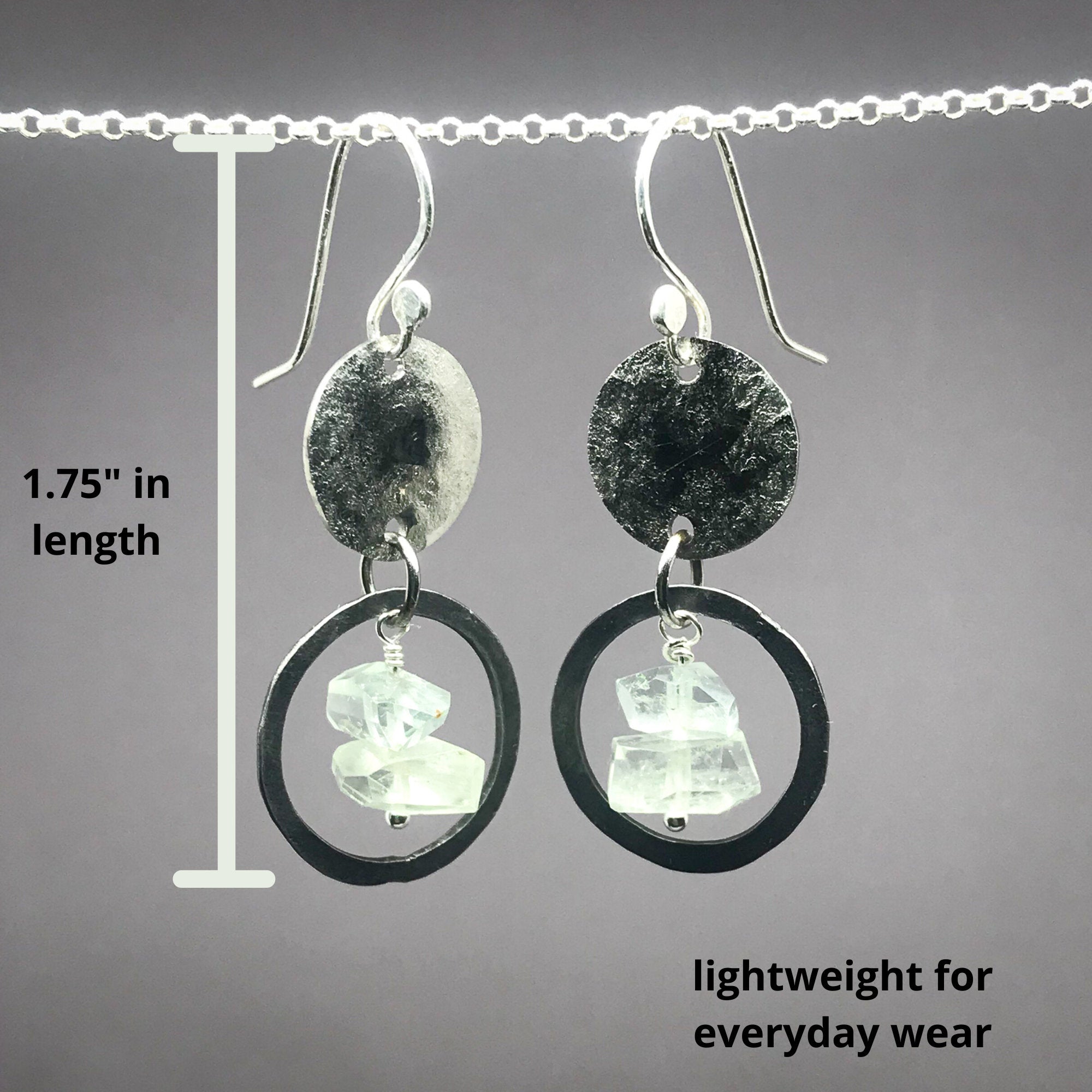 6th anniversary jewelry gift for her, iron earrings, hammered disc earrings, modern anniversary earrings, aquamarine jewelry
