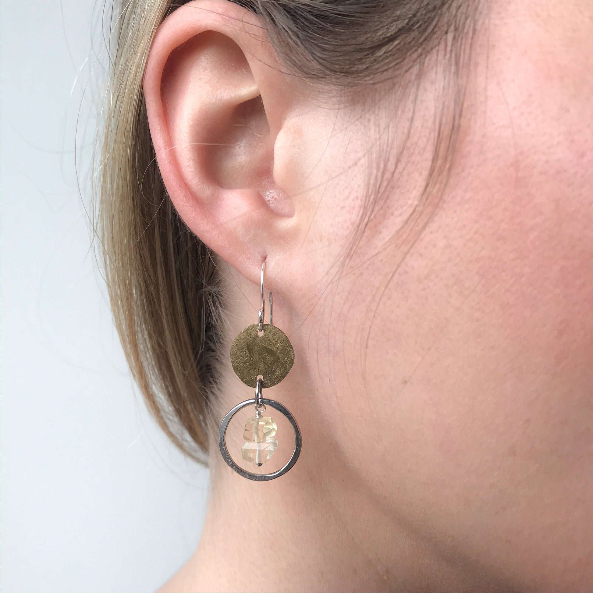 11th anniversary gift for her, citrine stainless steel and brass earrings, hammered disc earrings, hammered hoop earrings, citrine jewelry