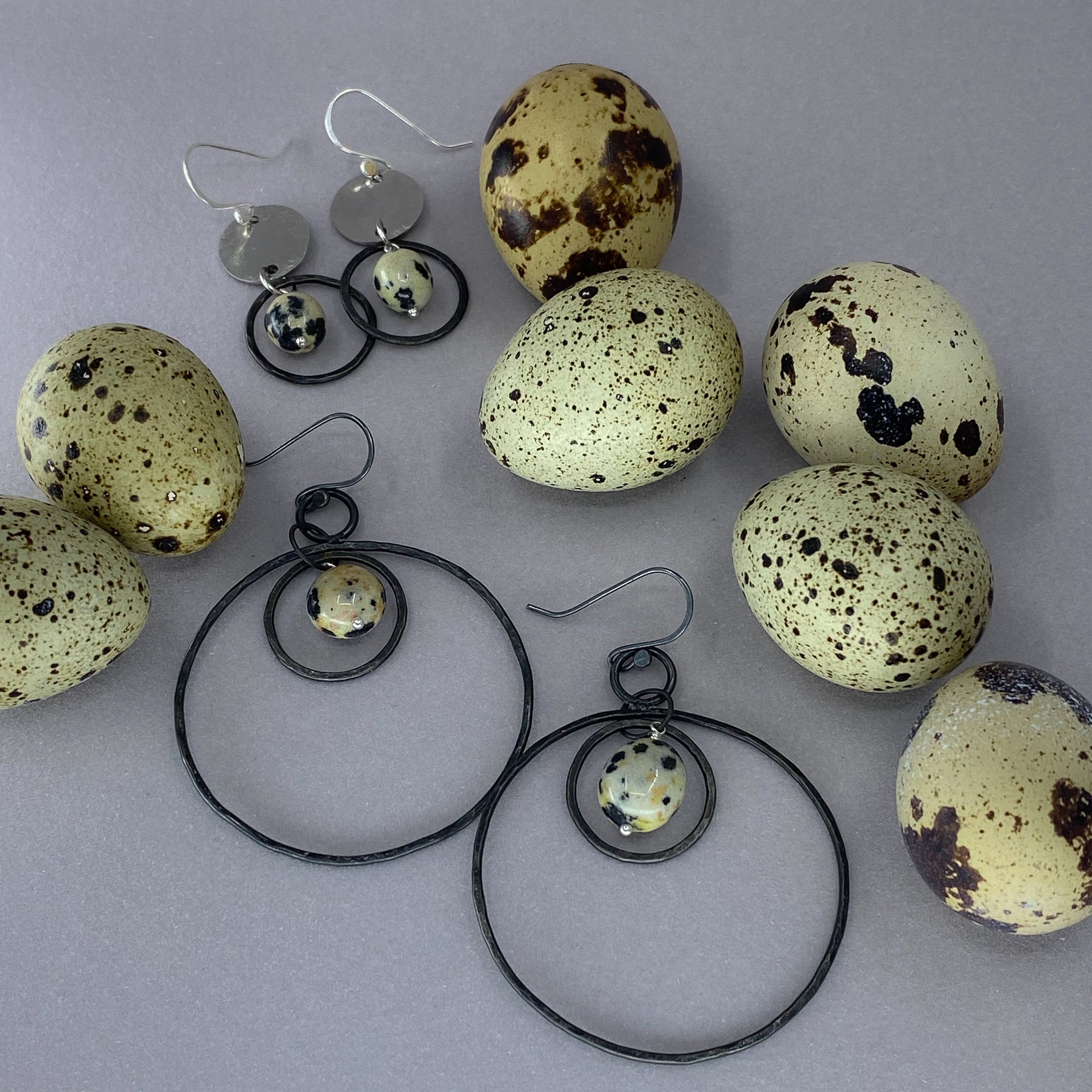 iron hoop earrings lightweight with dalmatian jasper, dangle hoop earrings in iron, jasper, hand forged earrings, 6th anniversary gift
