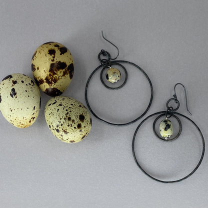 iron hoop earrings lightweight with dalmatian jasper, dangle hoop earrings in iron, jasper, hand forged earrings, 6th anniversary gift