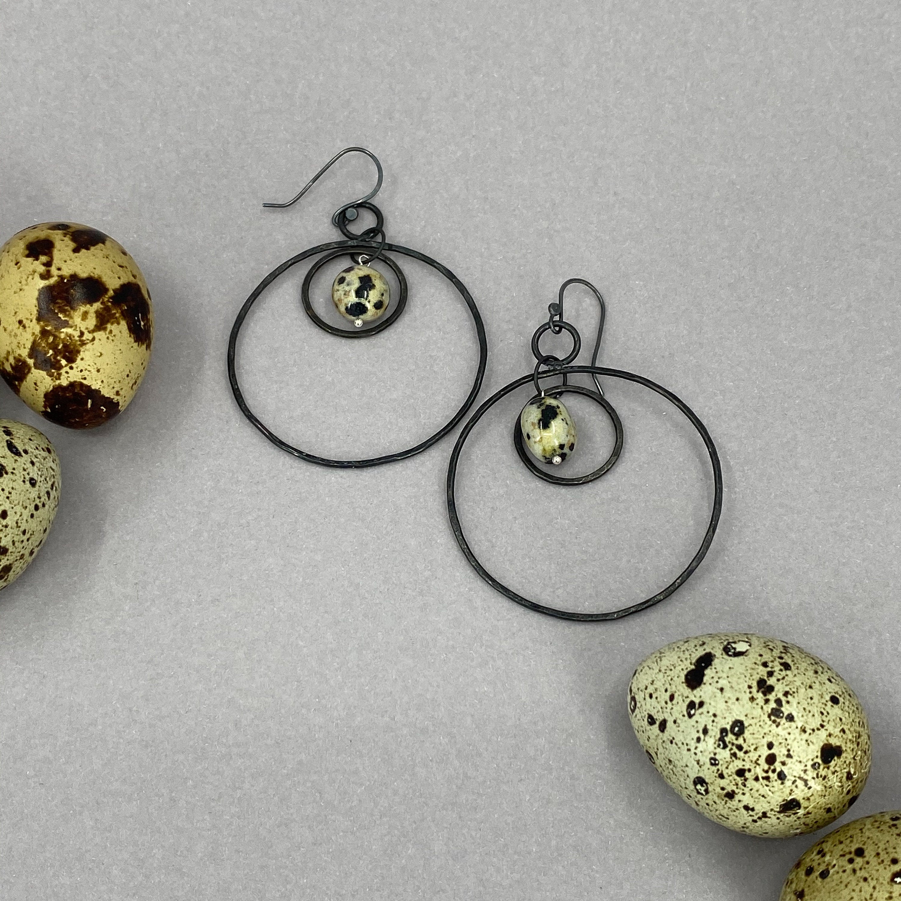 iron hoop earrings lightweight with dalmatian jasper, dangle hoop earrings in iron, jasper, hand forged earrings, 6th anniversary gift