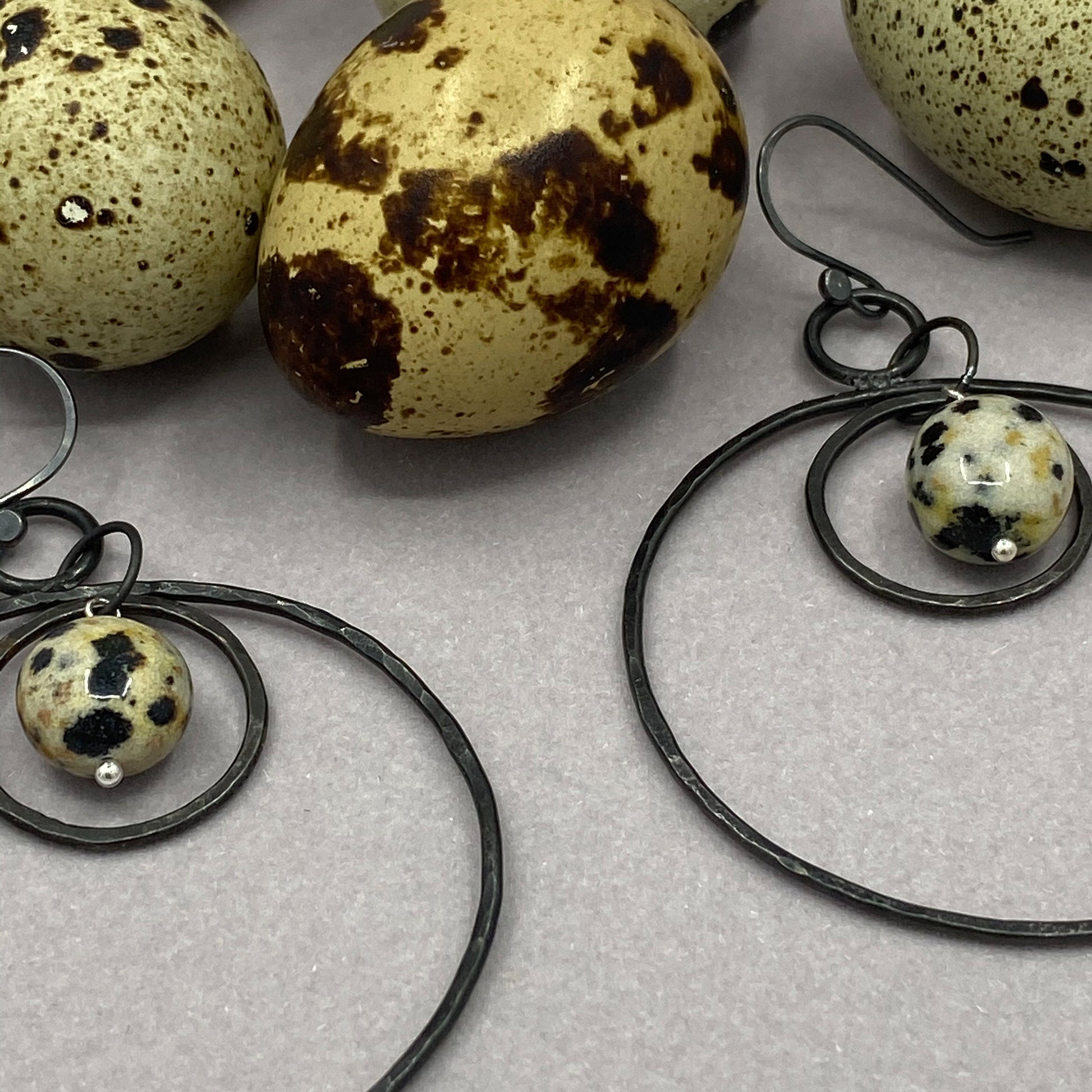 iron hoop earrings lightweight with dalmatian jasper, dangle hoop earrings in iron, jasper, hand forged earrings, 6th anniversary gift