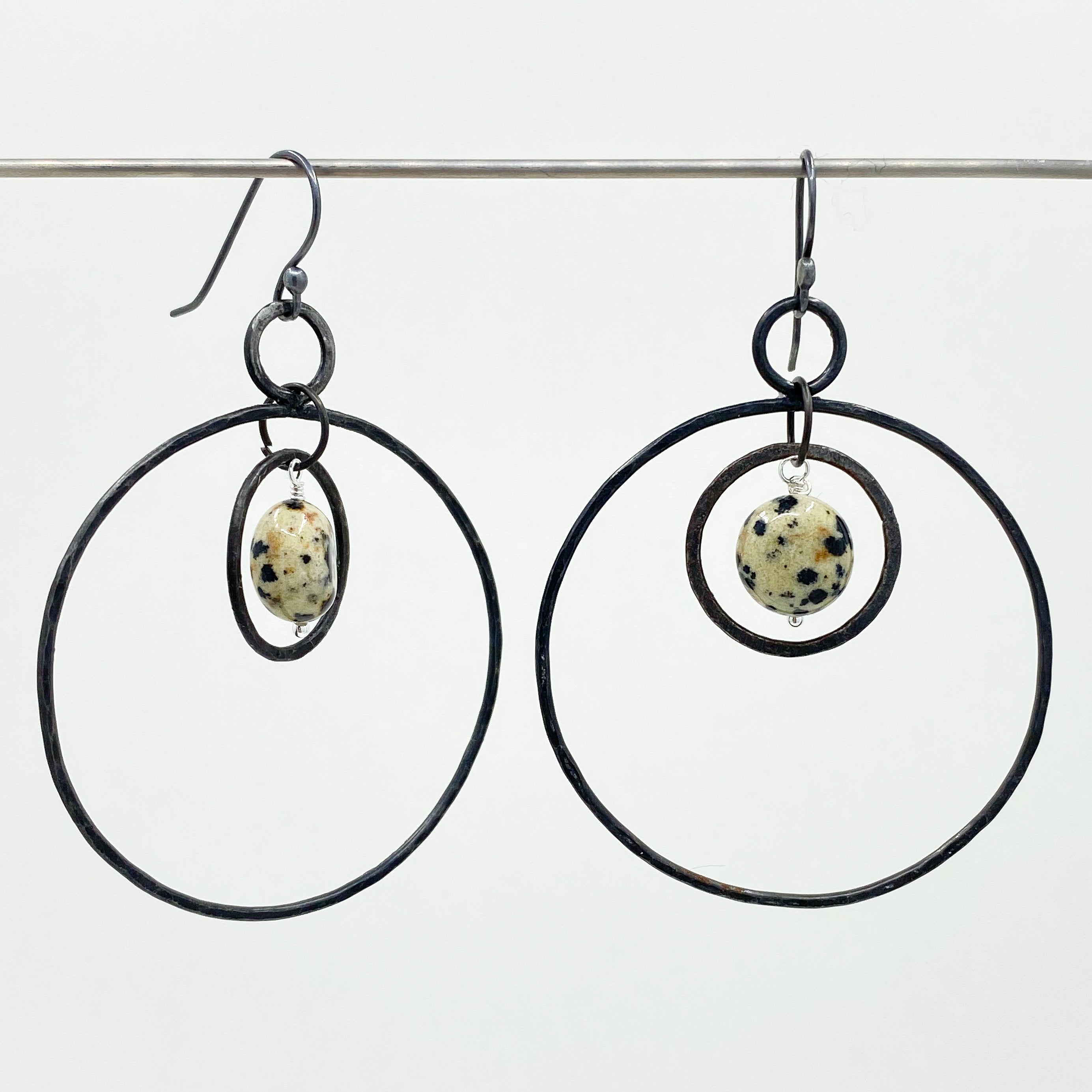 iron hoop earrings lightweight with dalmatian jasper, dangle hoop earrings in iron, jasper, hand forged earrings, 6th anniversary gift