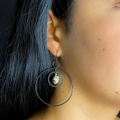 iron hoop earrings lightweight with dalmatian jasper, dangle hoop earrings in iron, jasper, hand forged earrings, 6th anniversary gift