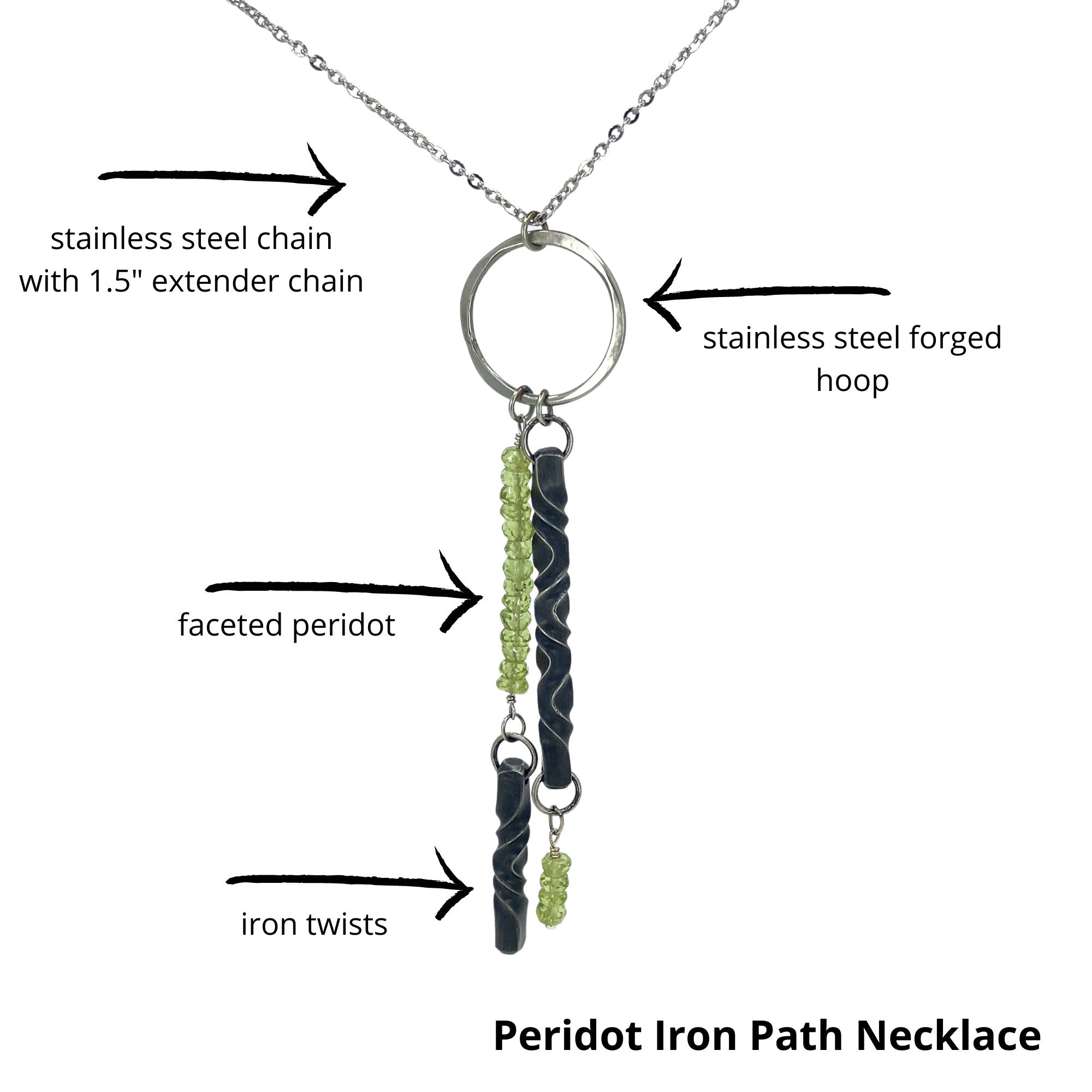 6th anniversary gift for wife, Iron and peridot necklace, iron anniversary gift,  hand forged, peridot jewerly, wedding anniversary gift