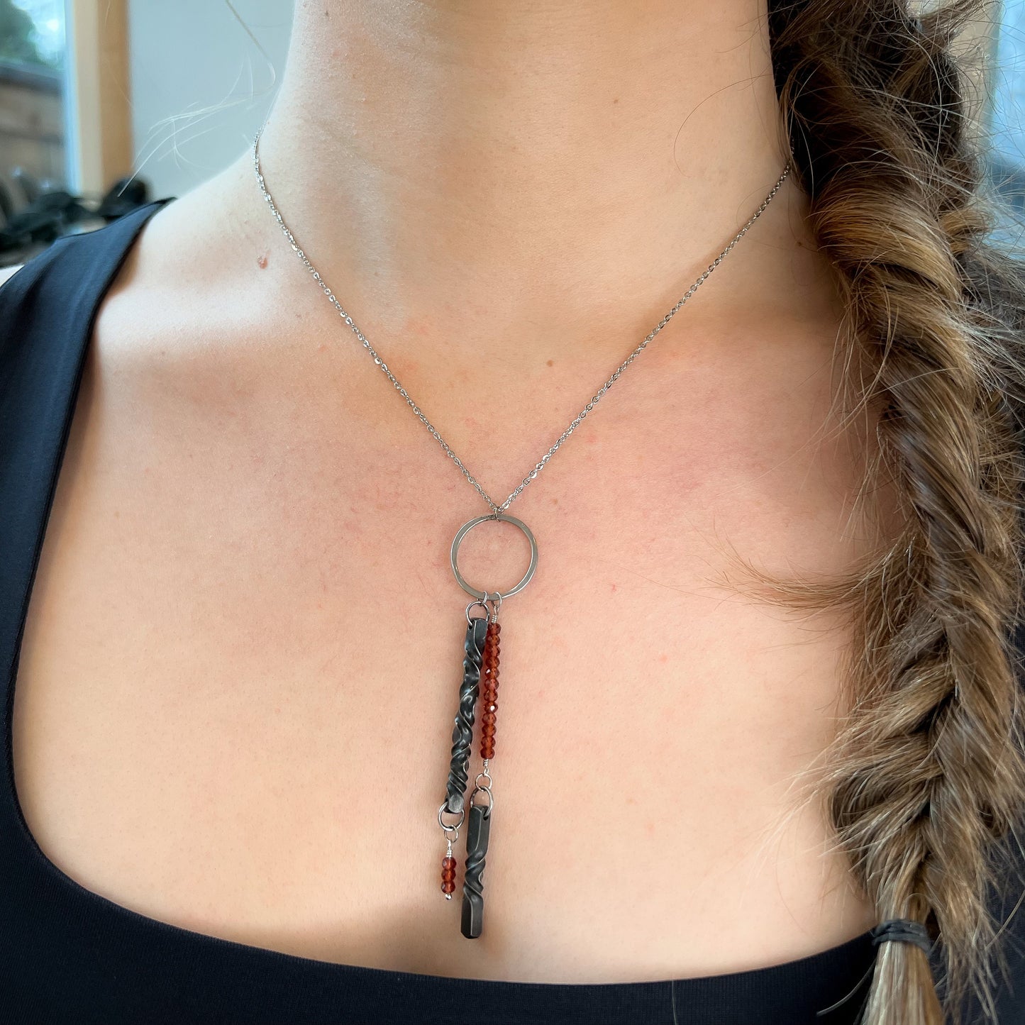 iron and garnet necklace, 6th anniversary gift for her, iron anniversary gift,  hand forged, garnet jewelry, January birthstone