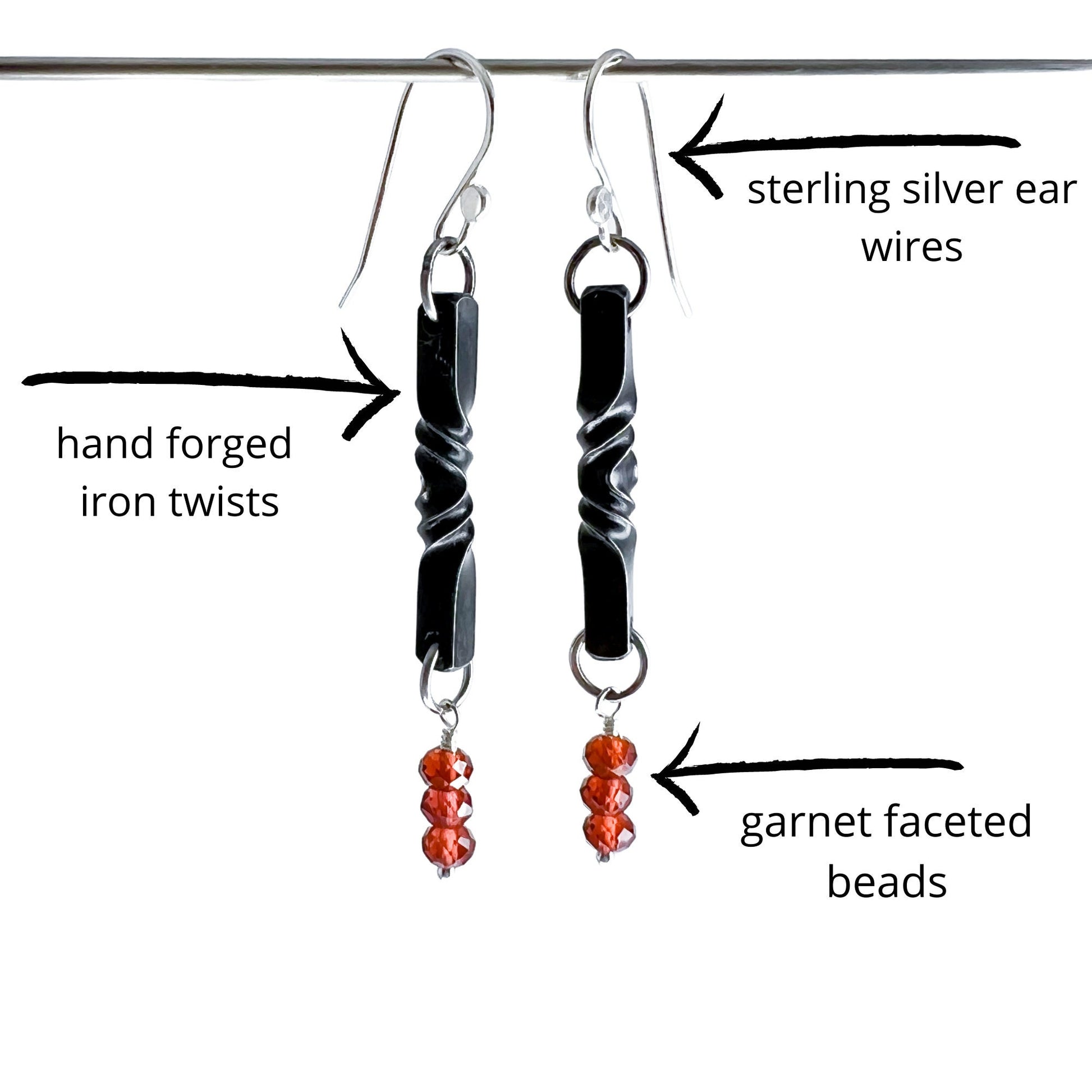 garnet and iron twist earrings, 6th anniversary gift, iron anniversary gift for her, garnet steel dangles, blacksmith made