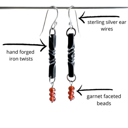 garnet and iron twist earrings, 6th anniversary gift, iron anniversary gift for her, garnet steel dangles, blacksmith made