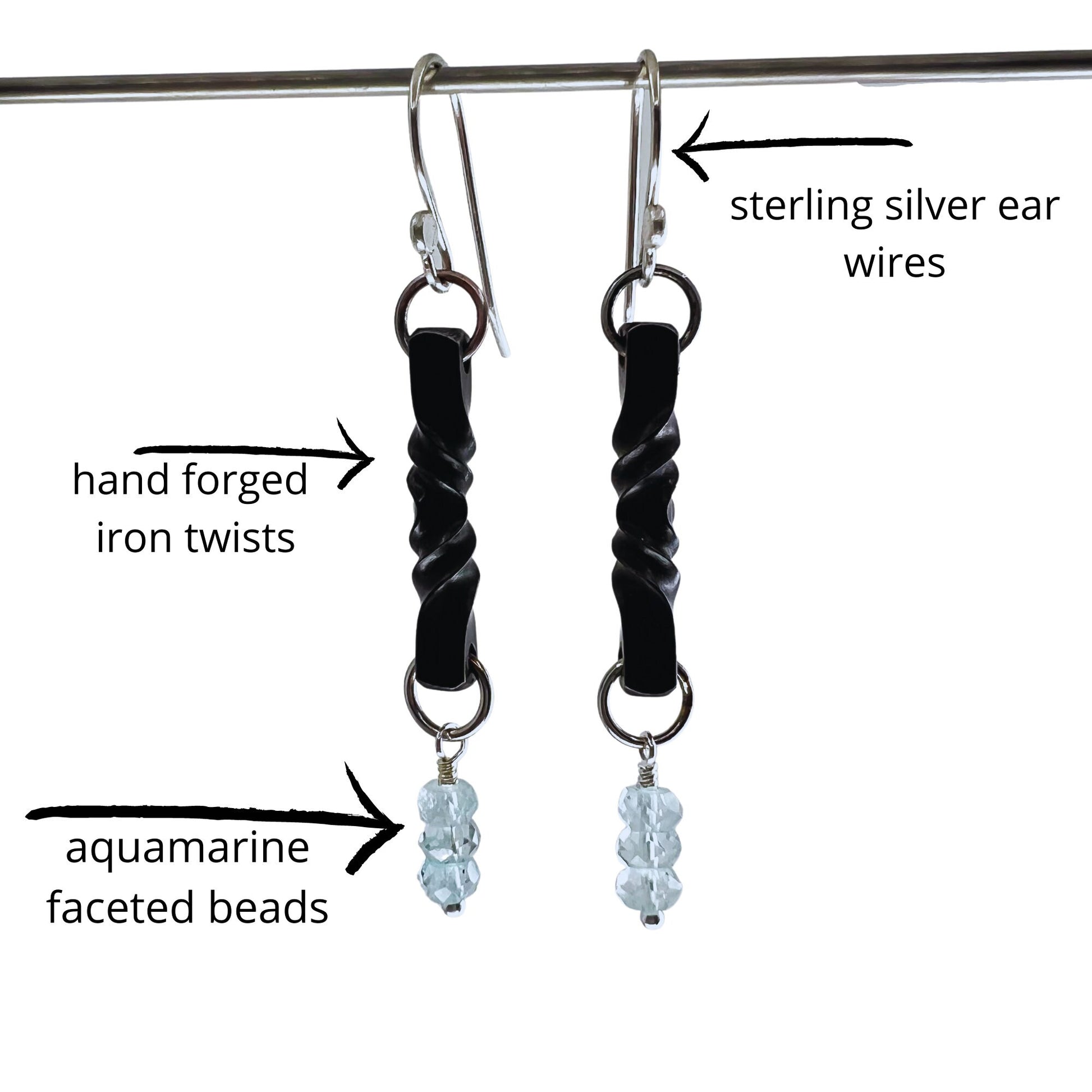 aquamarine and iron twist earrings, 6th anniversary gift, iron anniversary gift for her, aquamarine steel dangles, blacksmith made